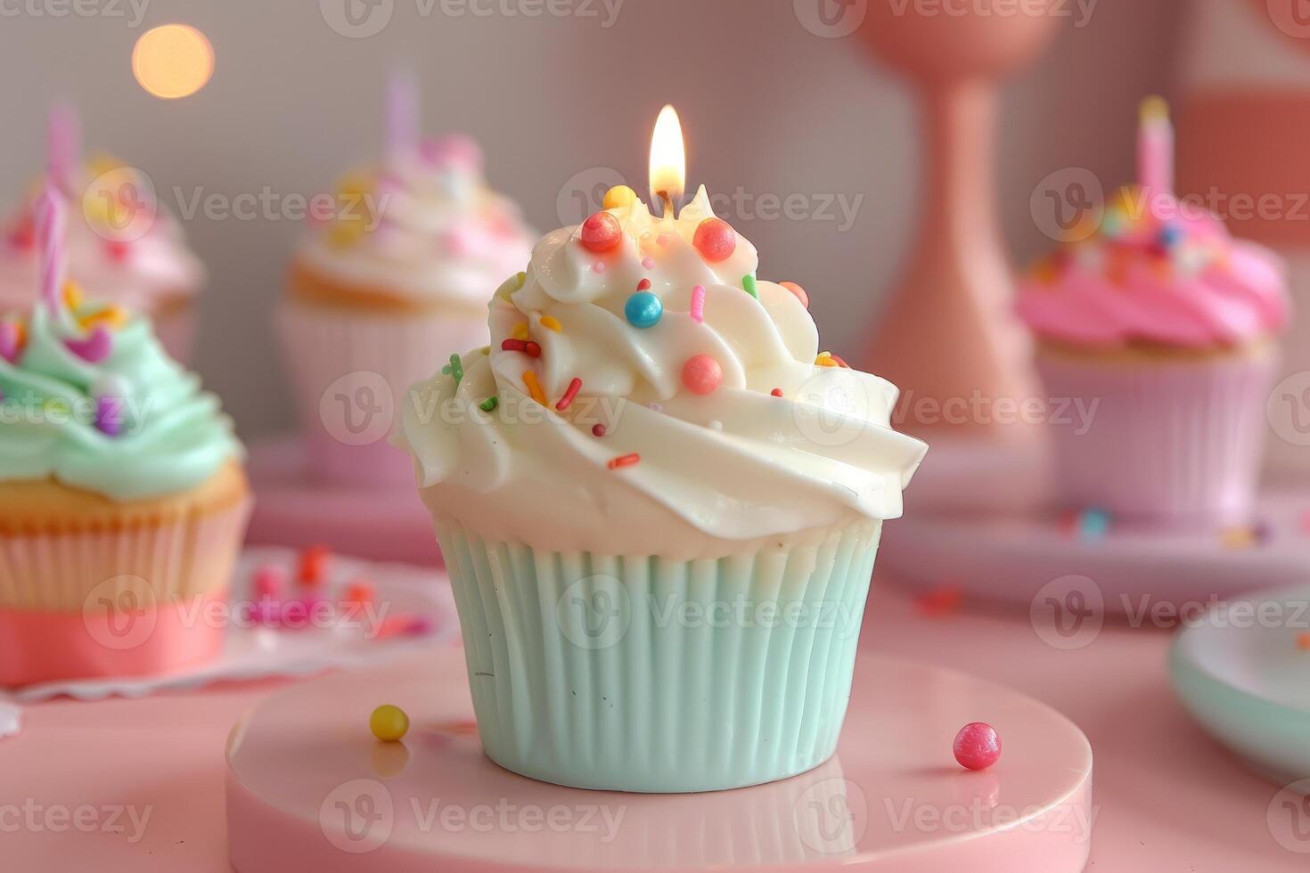 Single cupcake with lit candle celebrating on pink table with other cupcakes in background photo