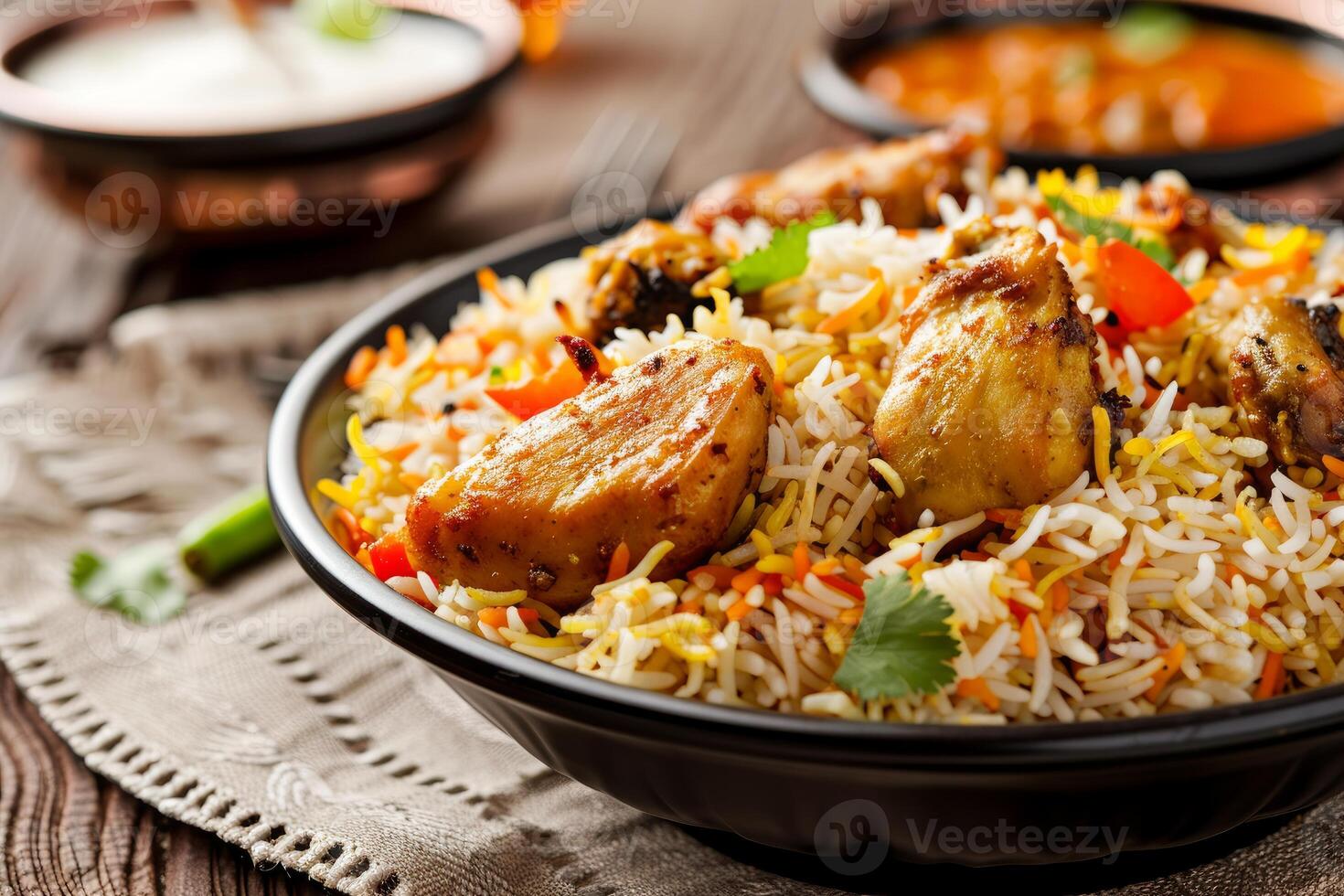Aromatic and flavorful chicken biryani being served with raita and curry photo