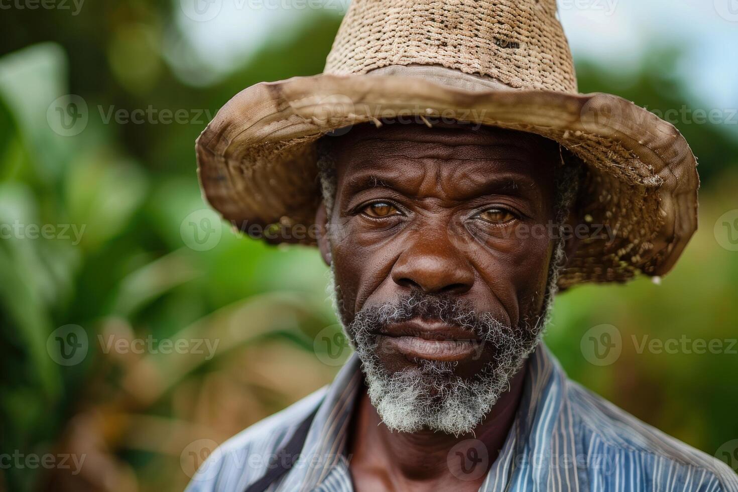 Portrait of senior farmer wearing a straw hat standing in a field photo