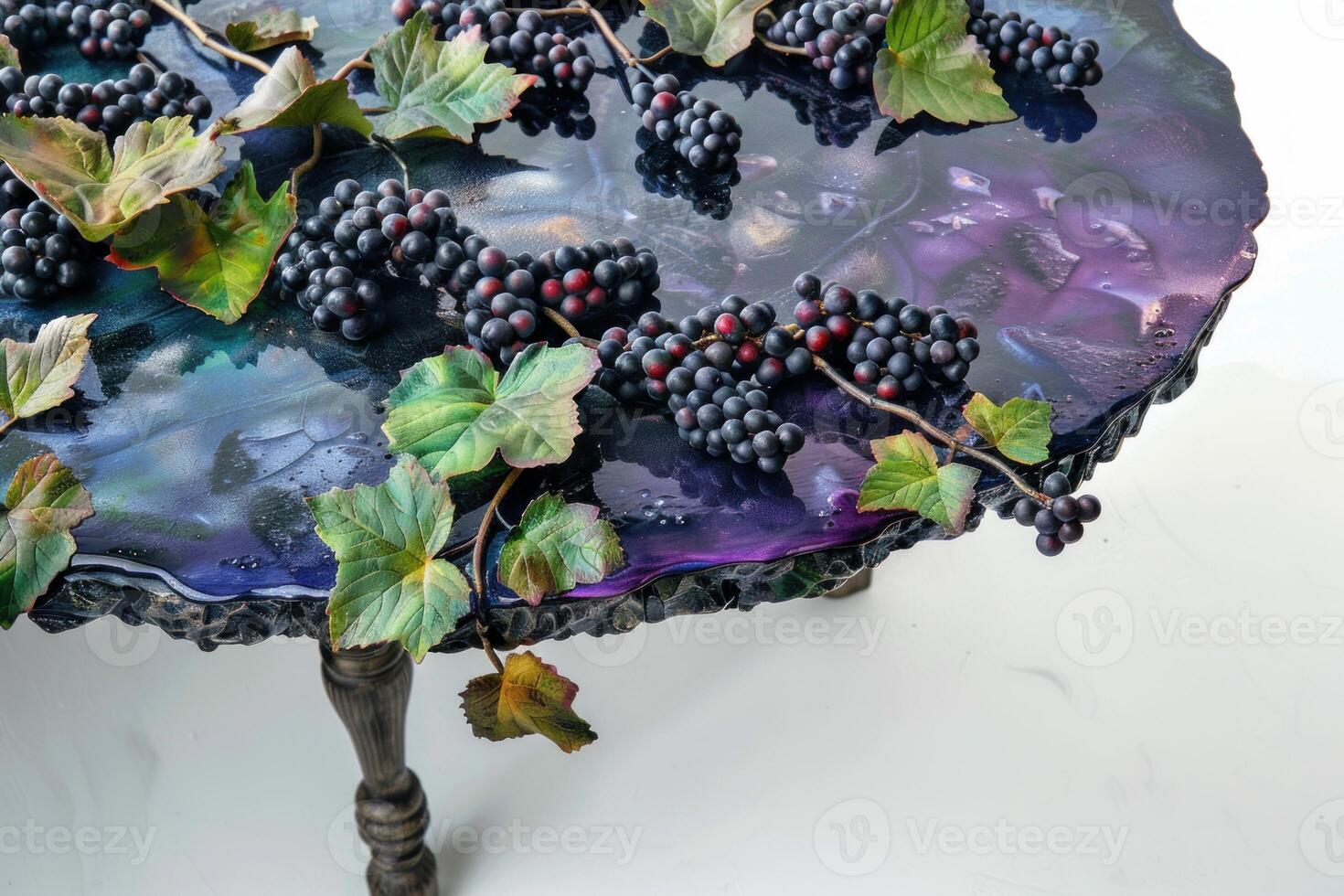Luxury handmade epoxy resin coffee table decorated with grapes and green leaves photo