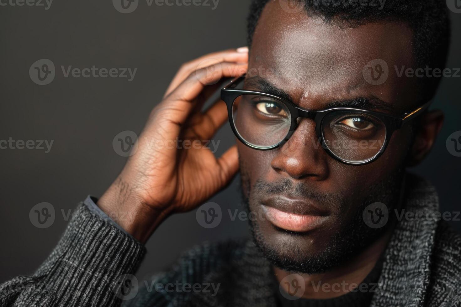 Serious young professional wearing glasses and touching his head in front of a grey background photo