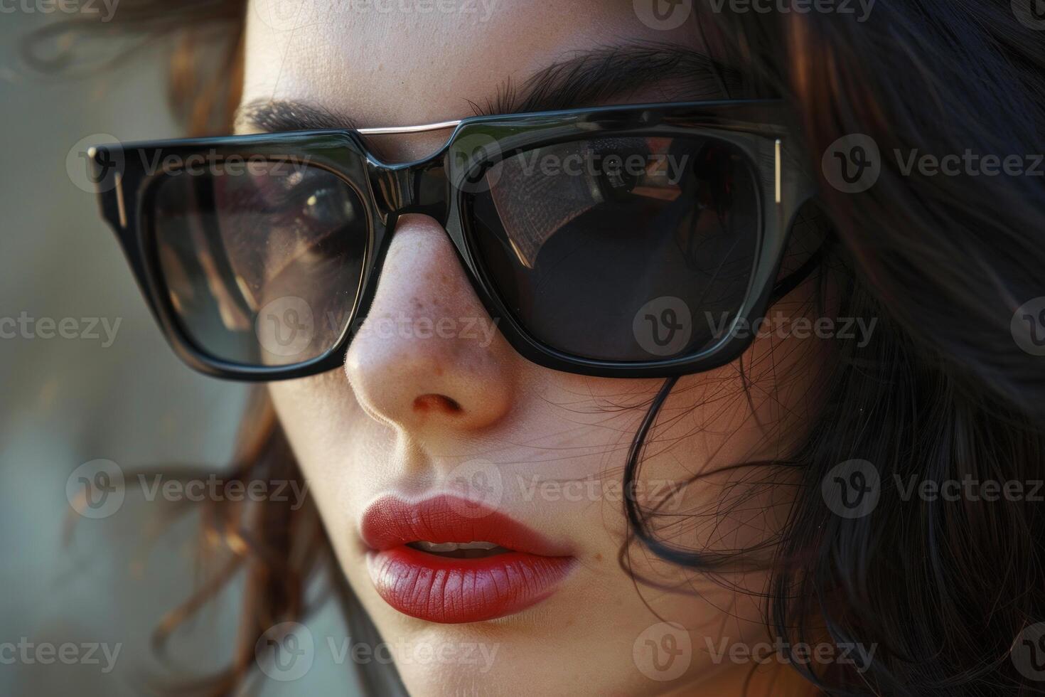 Portrait of a fashionable young woman wearing sunglasses and red lipstick photo