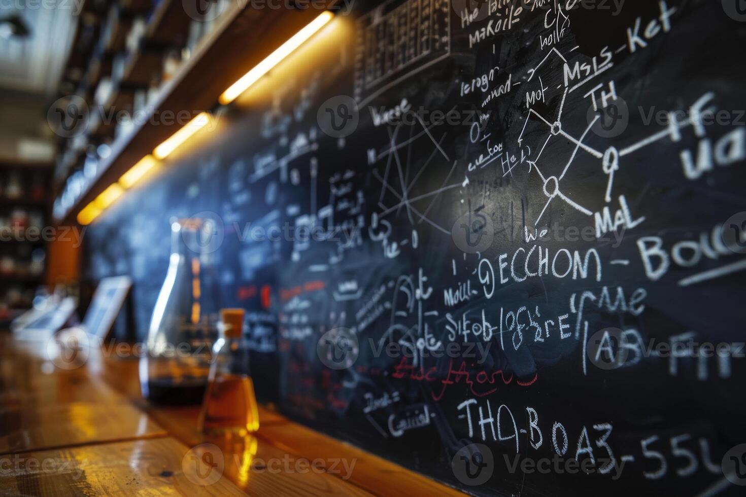 Science laboratory with beakers and flasks containing orange liquid and a blackboard full of formulas photo
