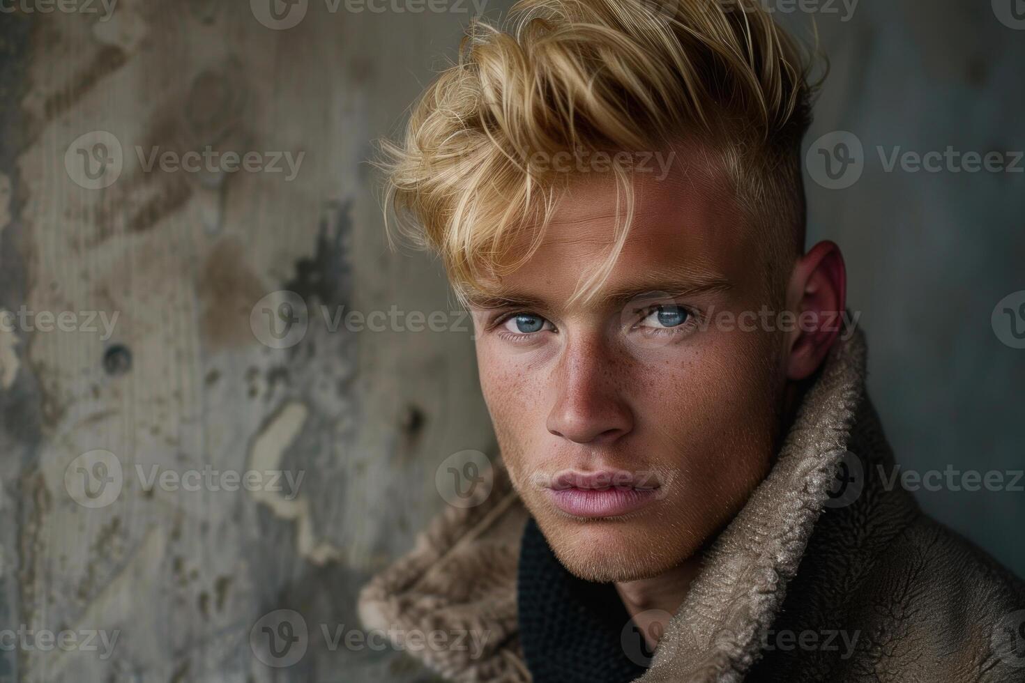 Handsome male model posing with brown jacket and blonde hair photo