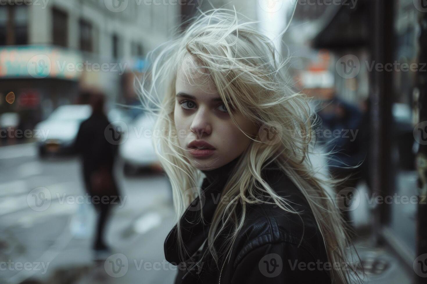 Beautiful blonde woman walking on city street photo