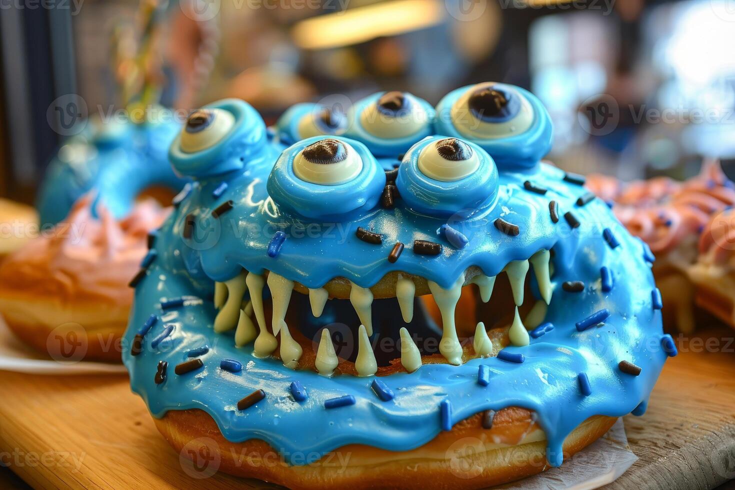 Blue monster donut with sprinkles smiling on bakery display photo