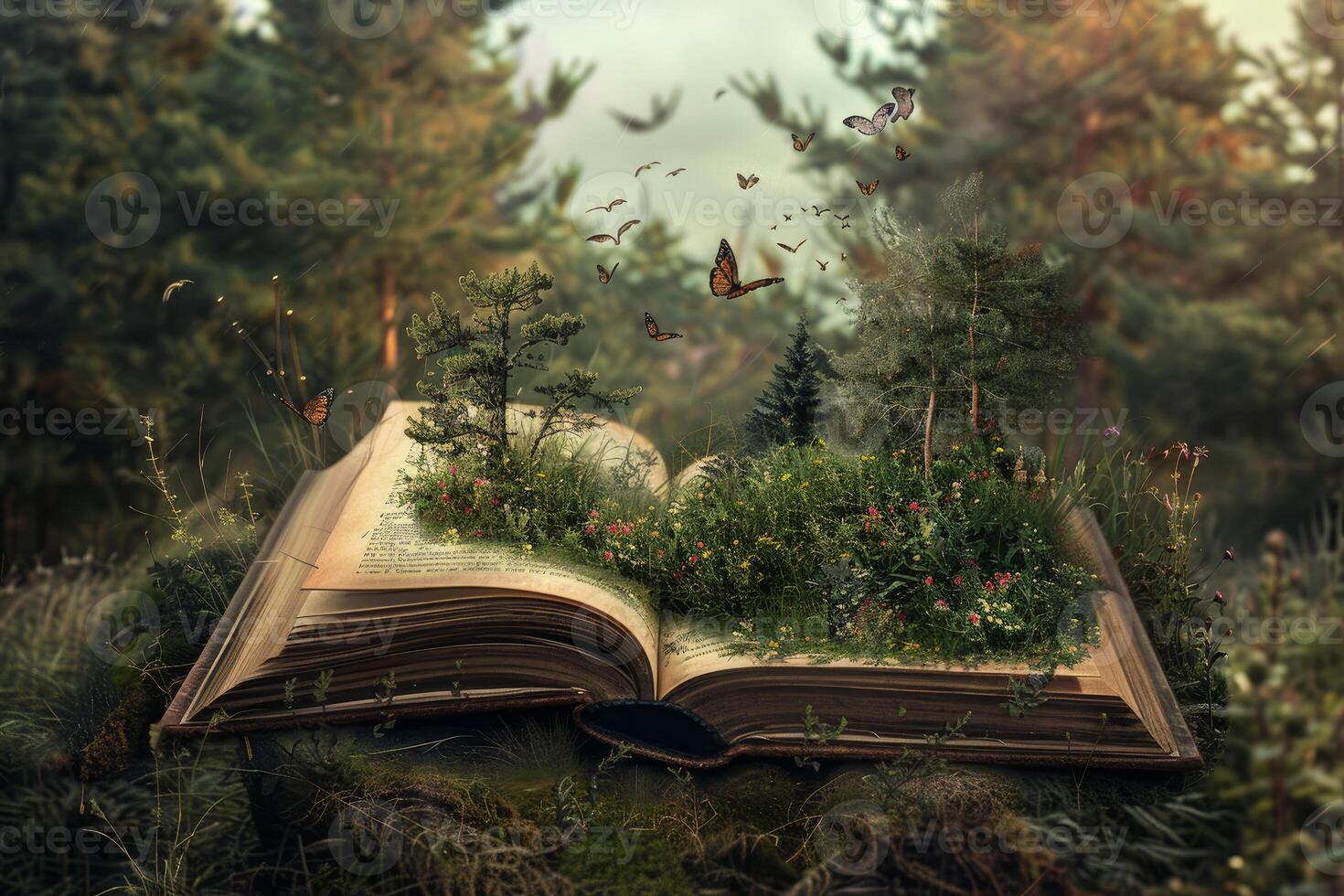 Open book with magical forest growing from its pages photo