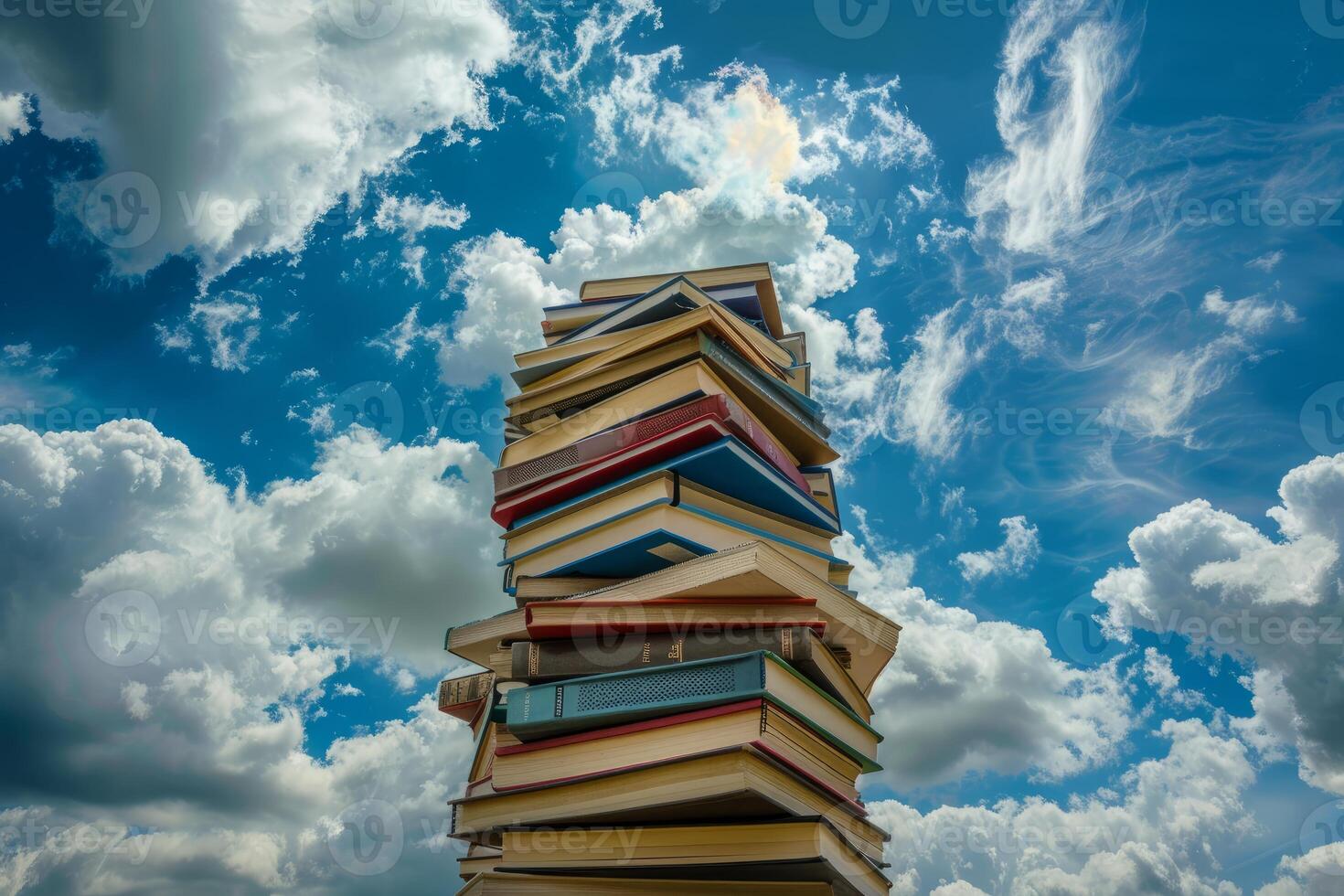 Tower of books reaching for the cloudy sky symbolizing knowledge photo