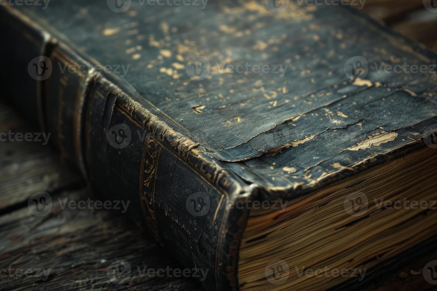 Antique book with damaged leather cover lying on wooden surface photo