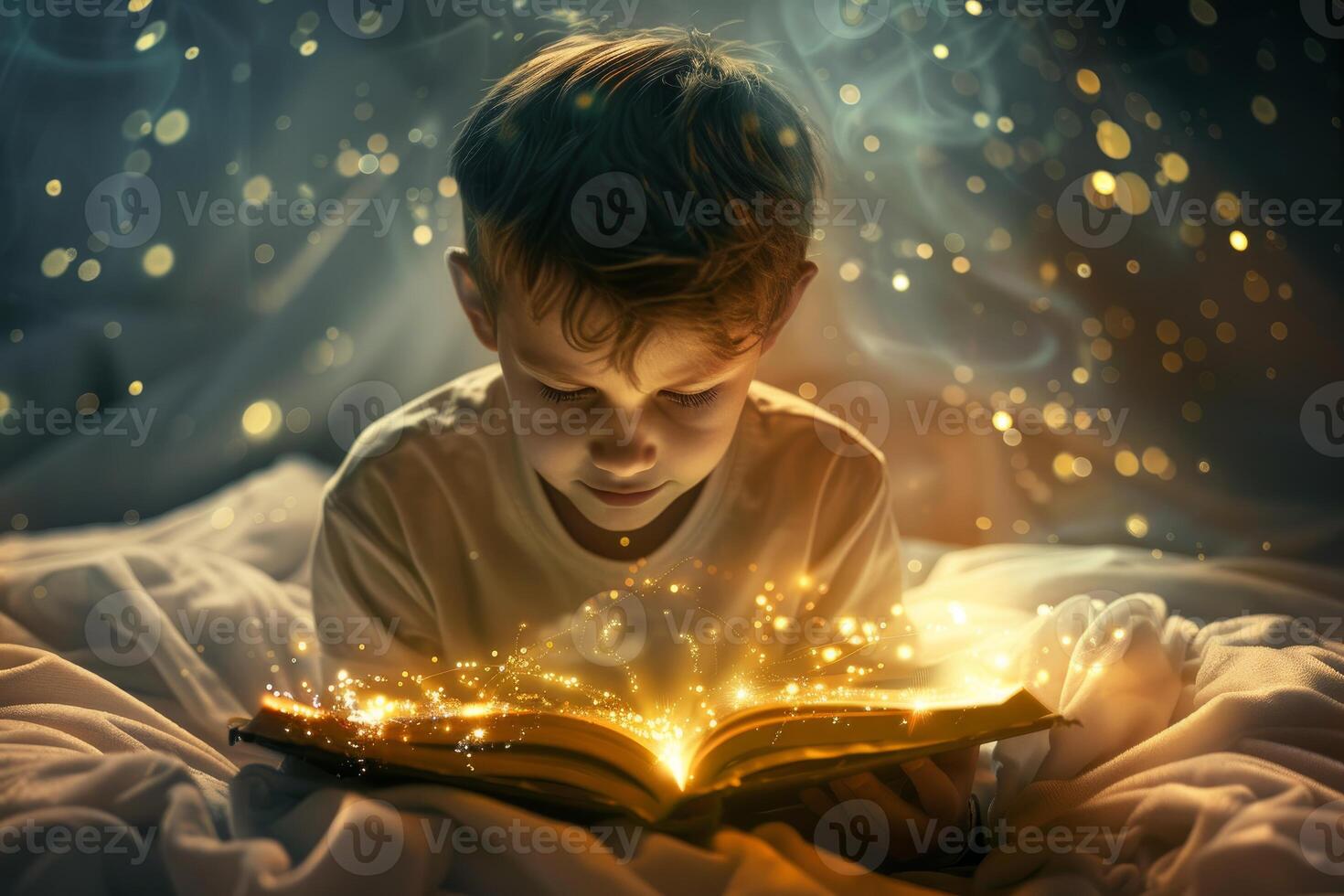Curious young boy discovering magic in a book while lying in bed photo