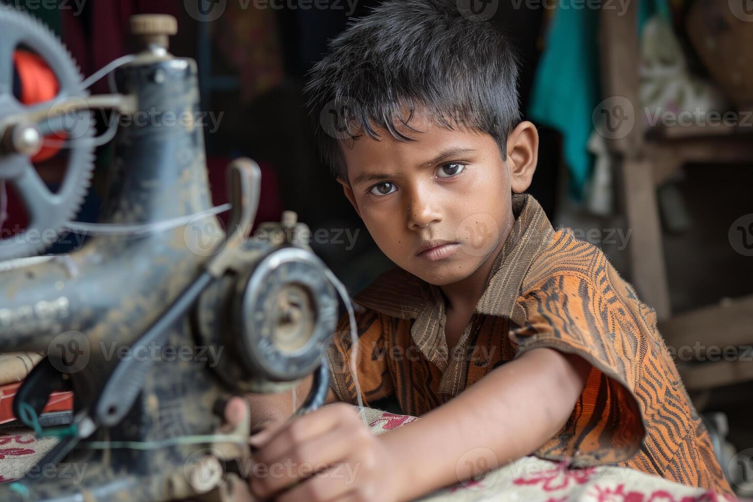 Young apprentice learning sewing on old machine in workshop photo