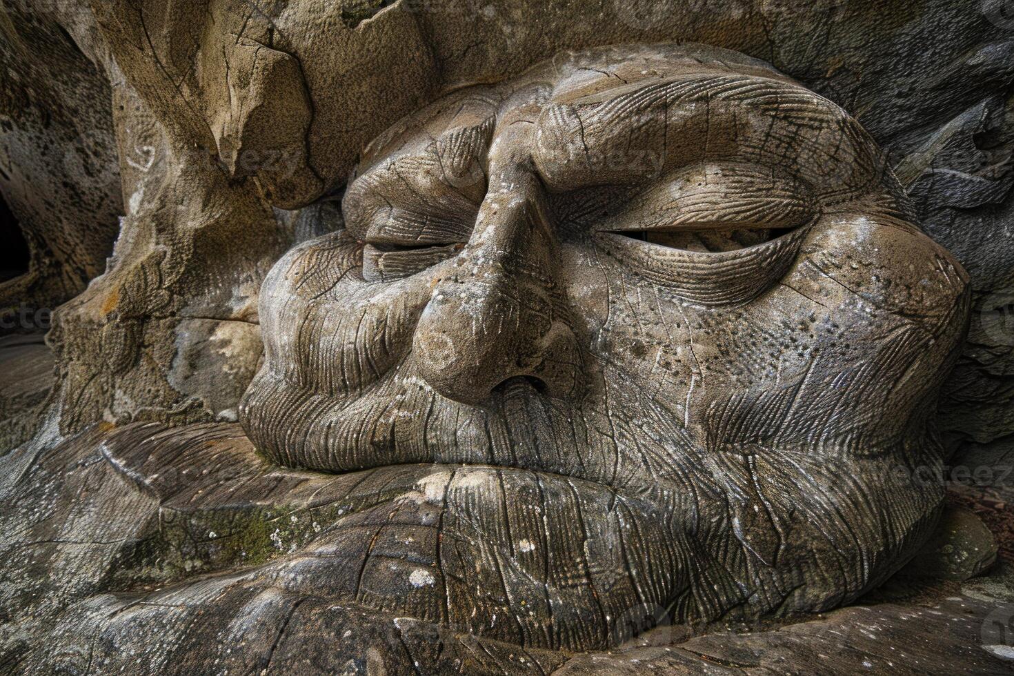 Ancient stone face carving showing the wear of time photo