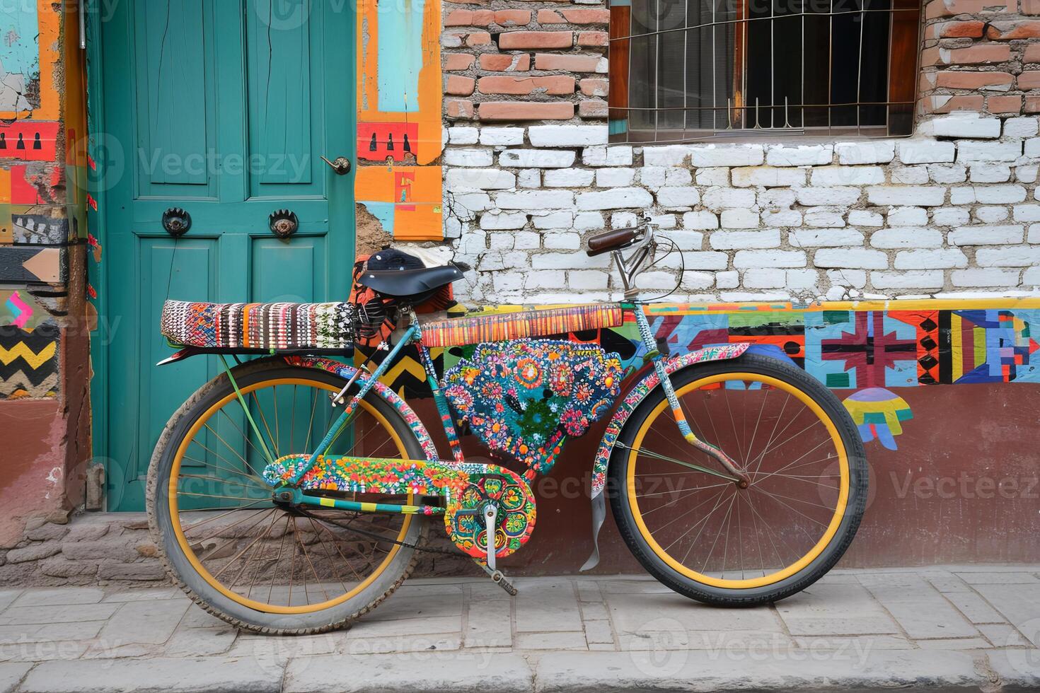 Colorful mexican folk art bicycle standing by turquoise door photo