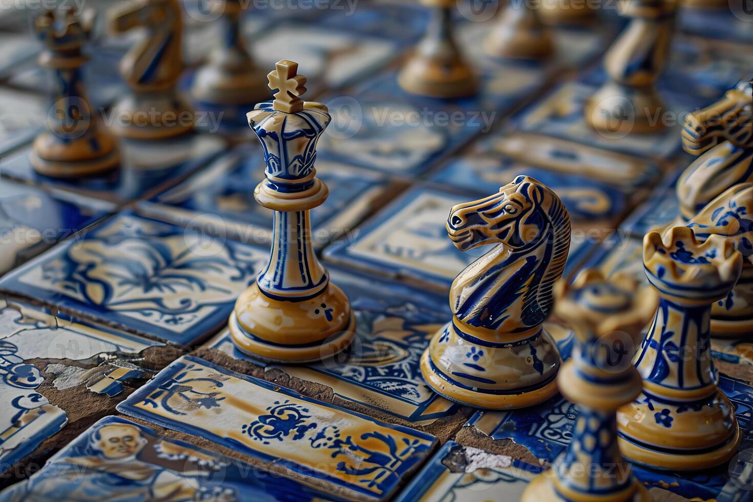 King and knight chess pieces standing on decorative ceramic chessboard photo