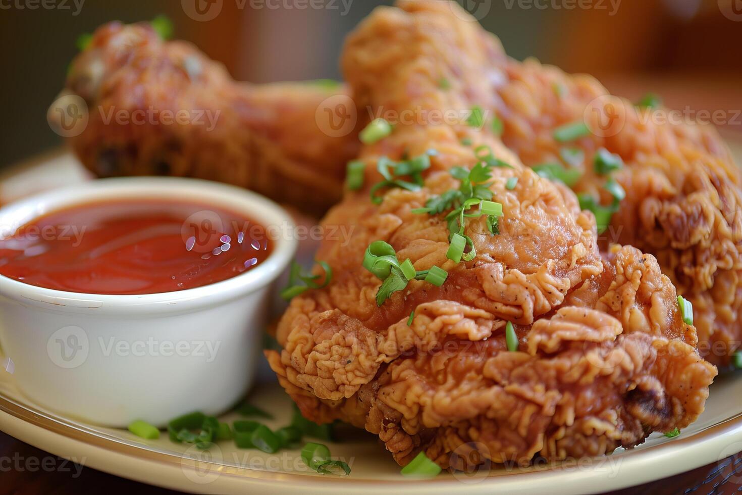 Crispy fried chicken legs being served with dipping sauce photo