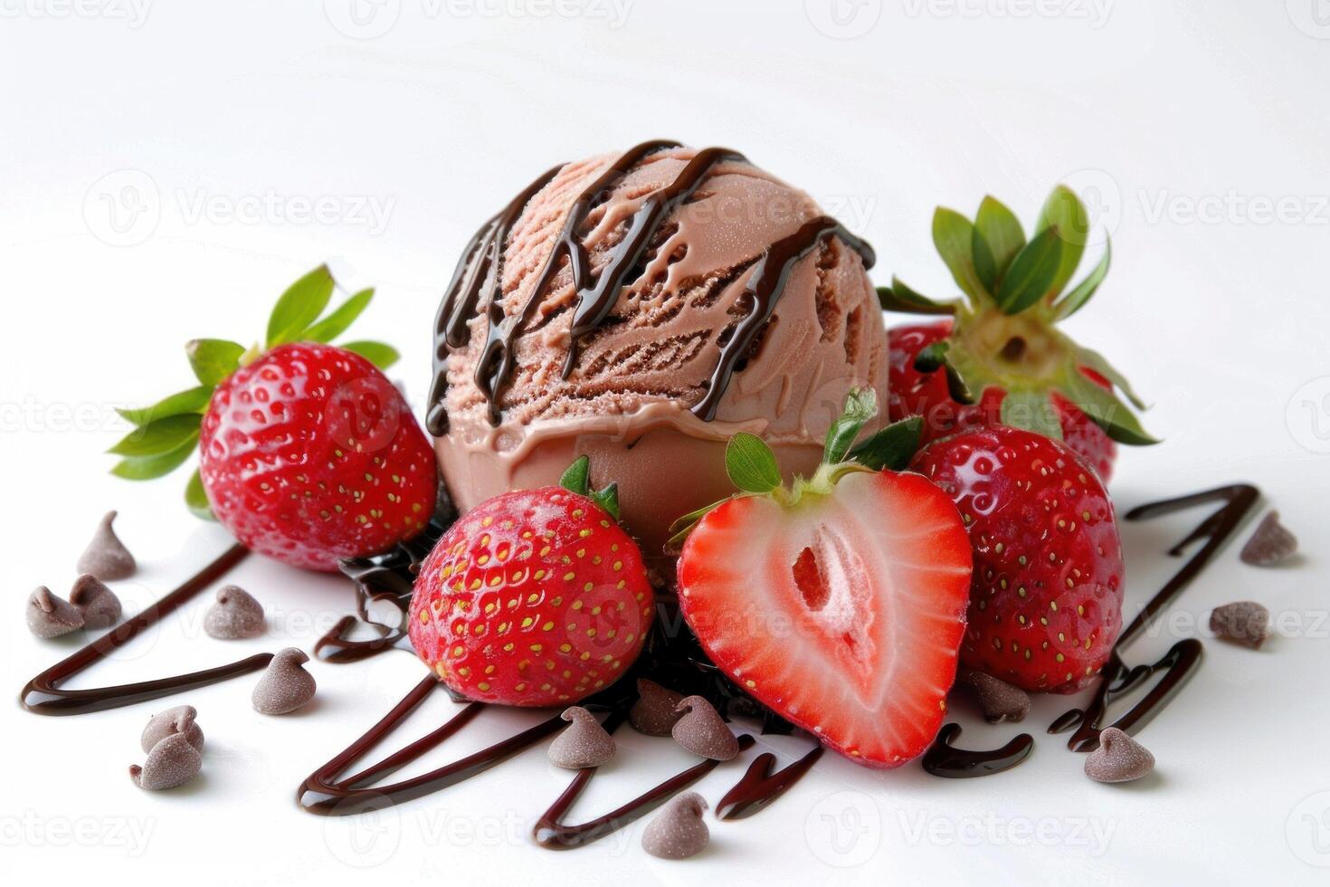 Chocolate ice cream scoop surrounded by strawberries and chocolate drizzle photo