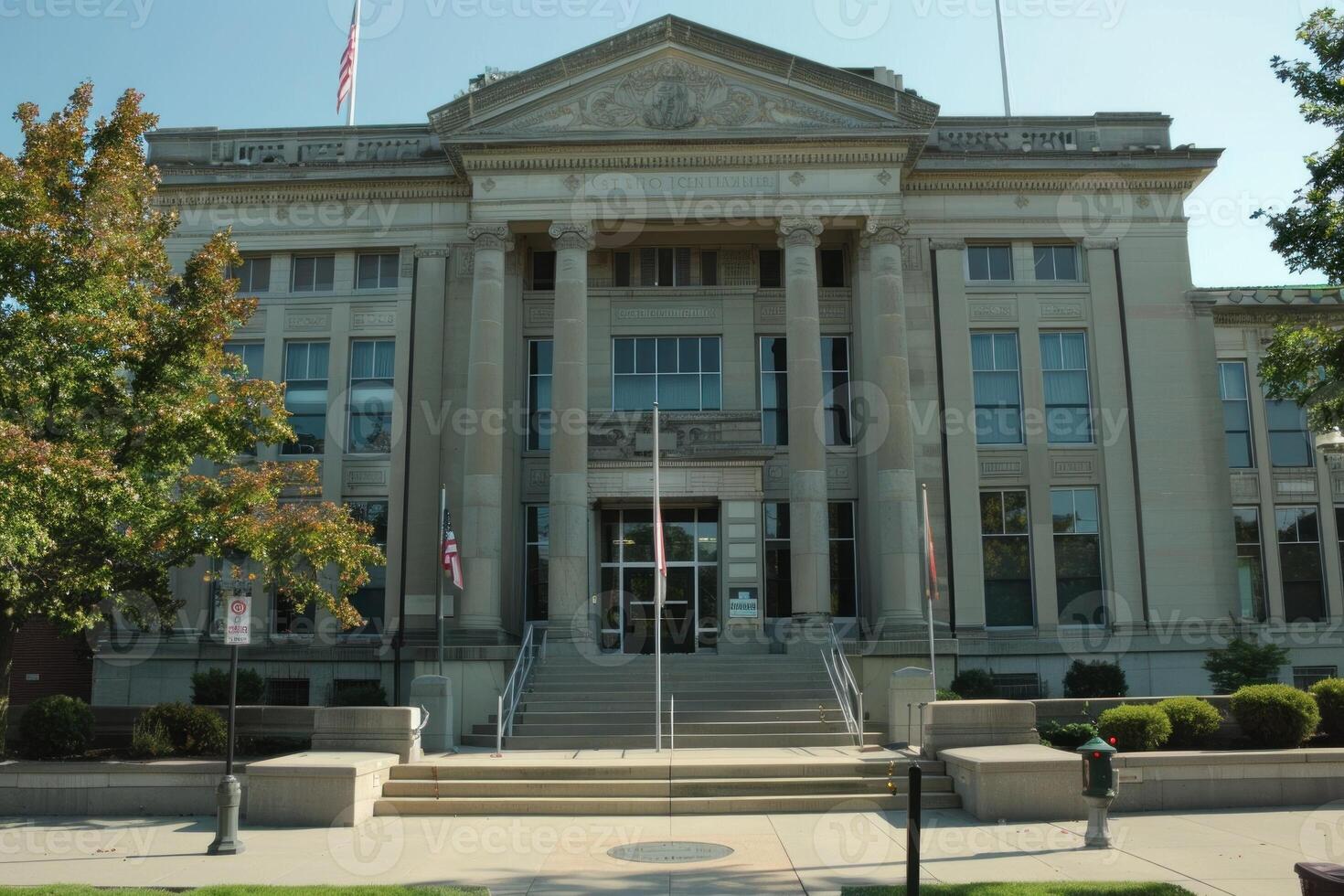 American courthouse building facade with columns and flags displayed on sunny day photo
