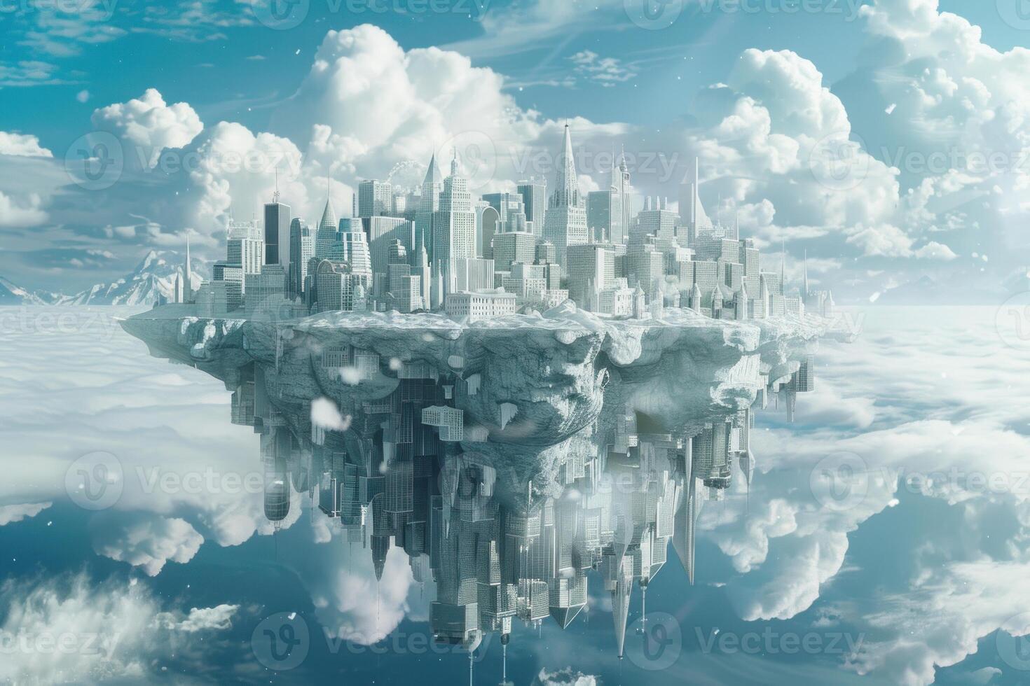 Futuristic city floating in the clouds reflecting on water photo