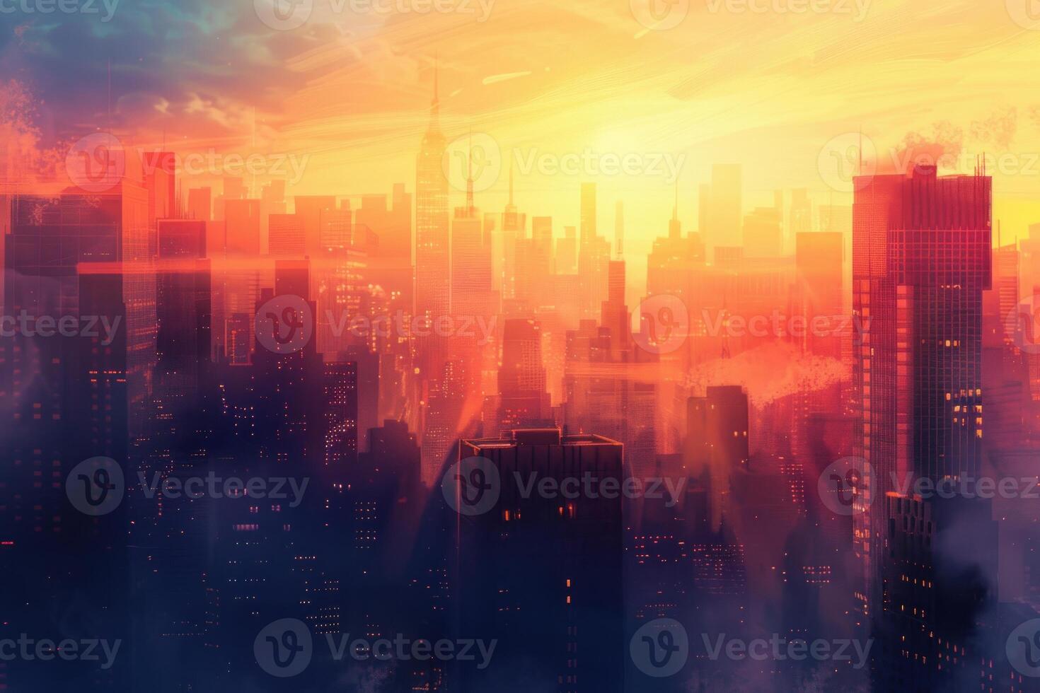 Modern city skyline at sunset with warm light photo