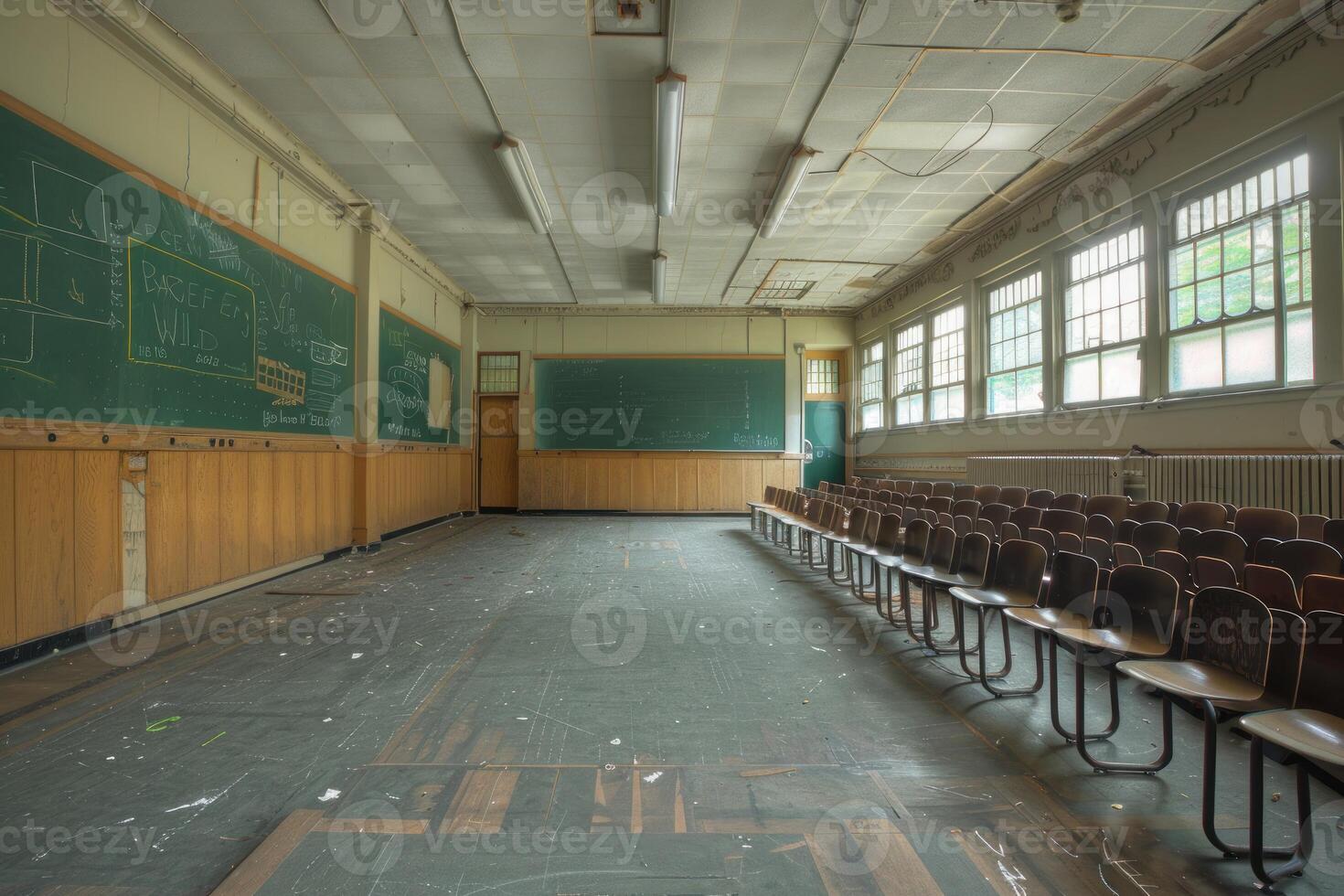 Empty classroom with chalkboard and rows of desks waiting for students photo