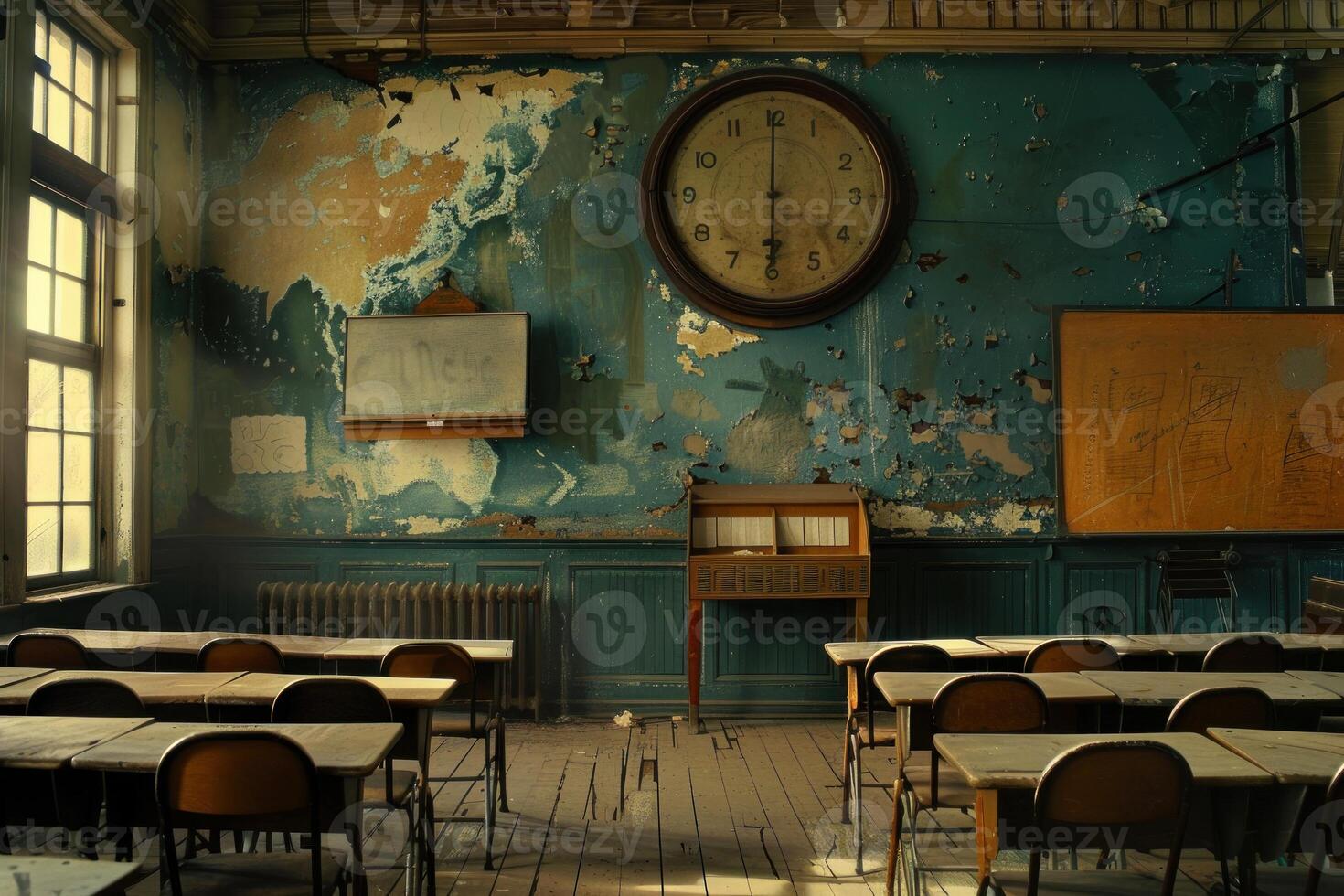Old clock showing almost five o'clock in abandoned school classroom photo