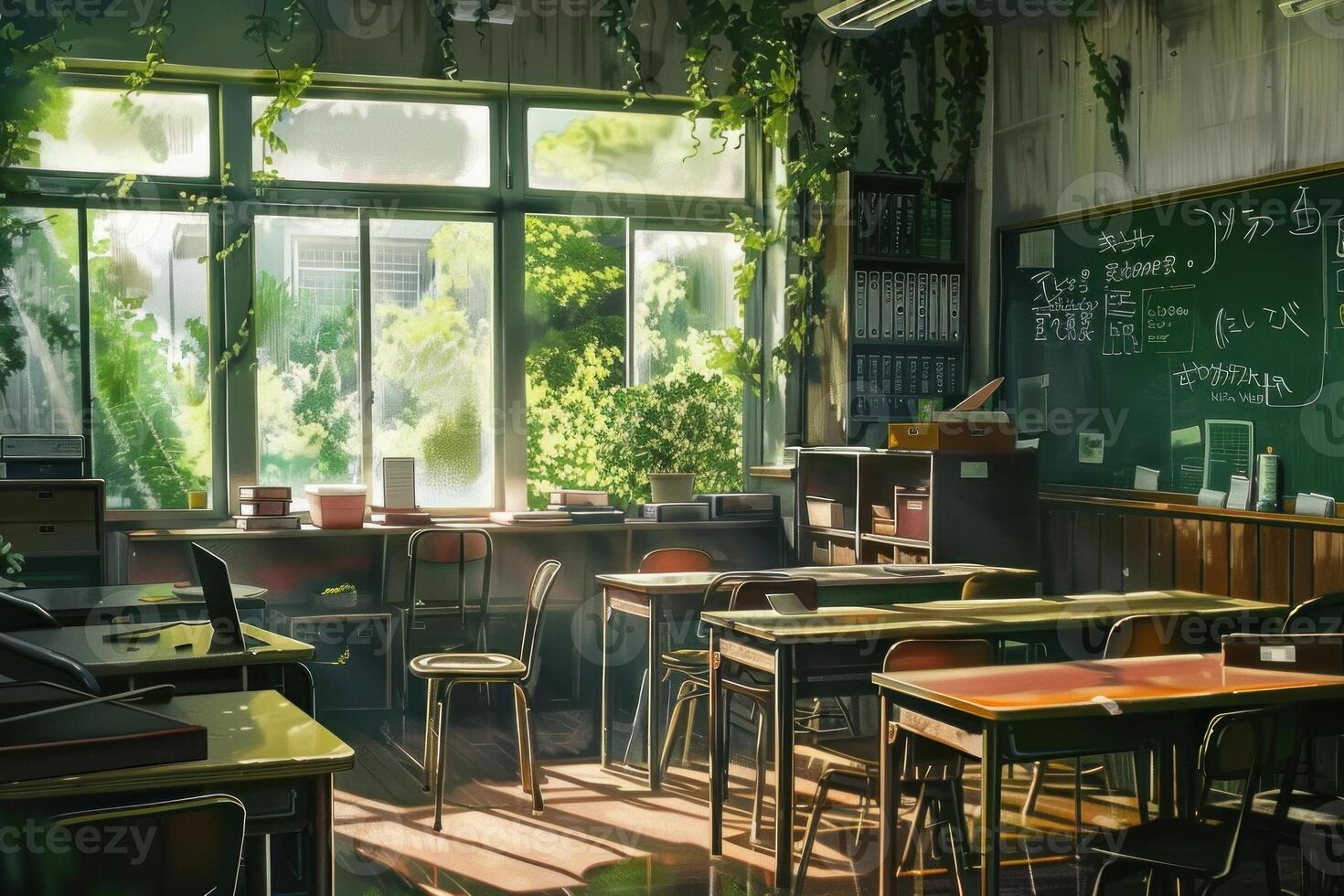 Empty classroom bathed in sunlight with overgrown plants photo