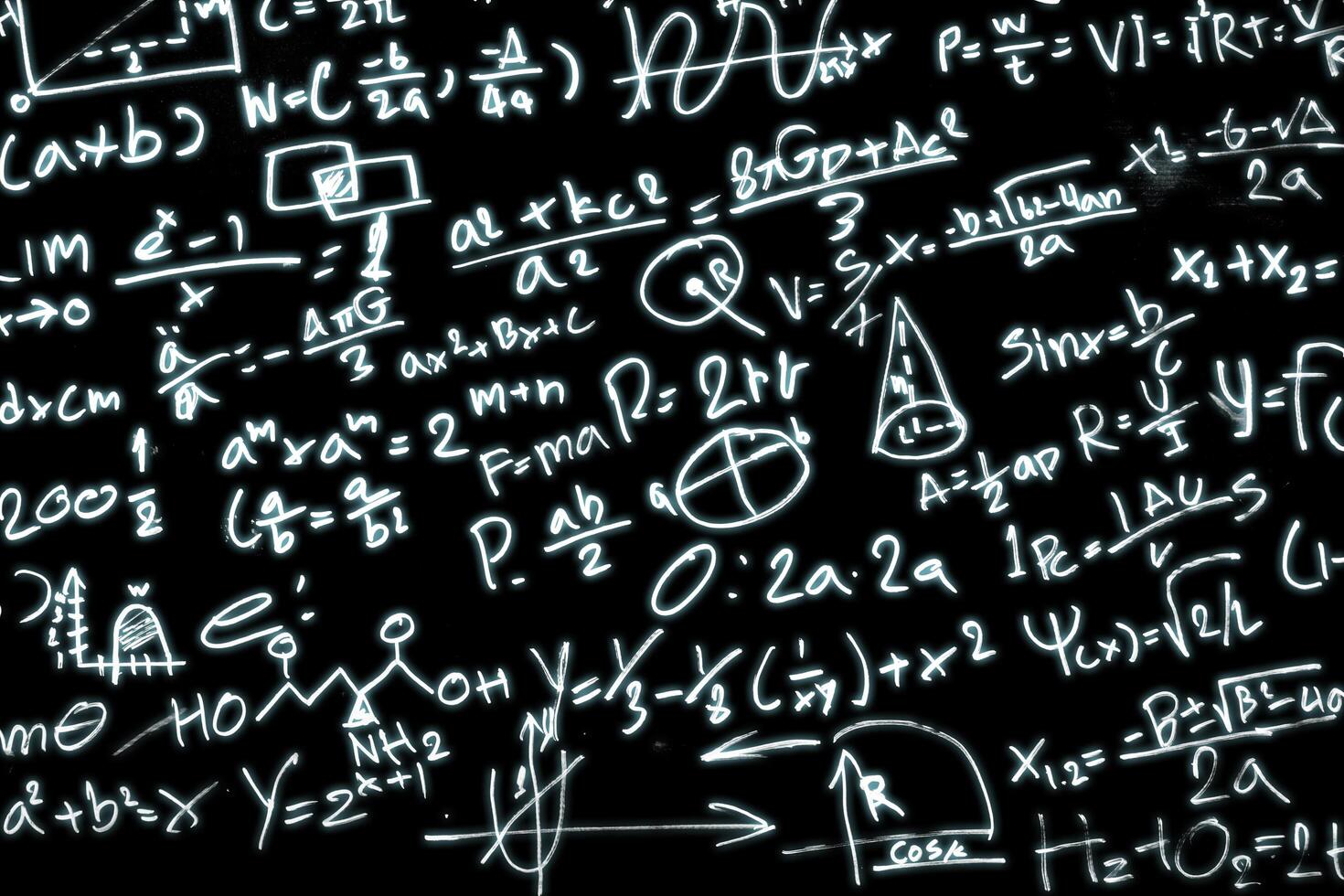Black paper with a lot of mathematical formulas photo