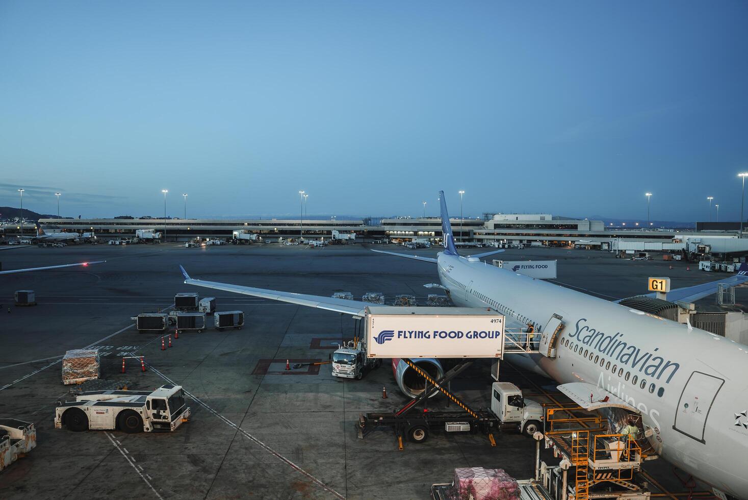 Scandinavian Airlines Aircraft Loading Food at Twilight photo