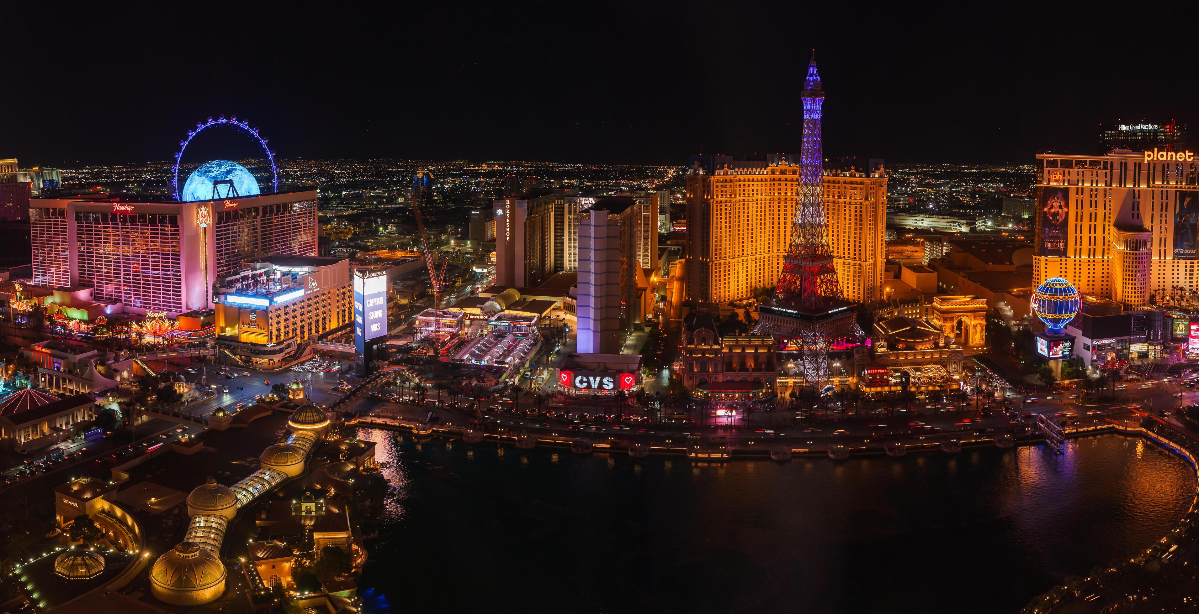 Las Vegas Strip Hotels With Kitchen; Vibrant Aerial Night View of Las Vegas Strip Hotels and Attractions