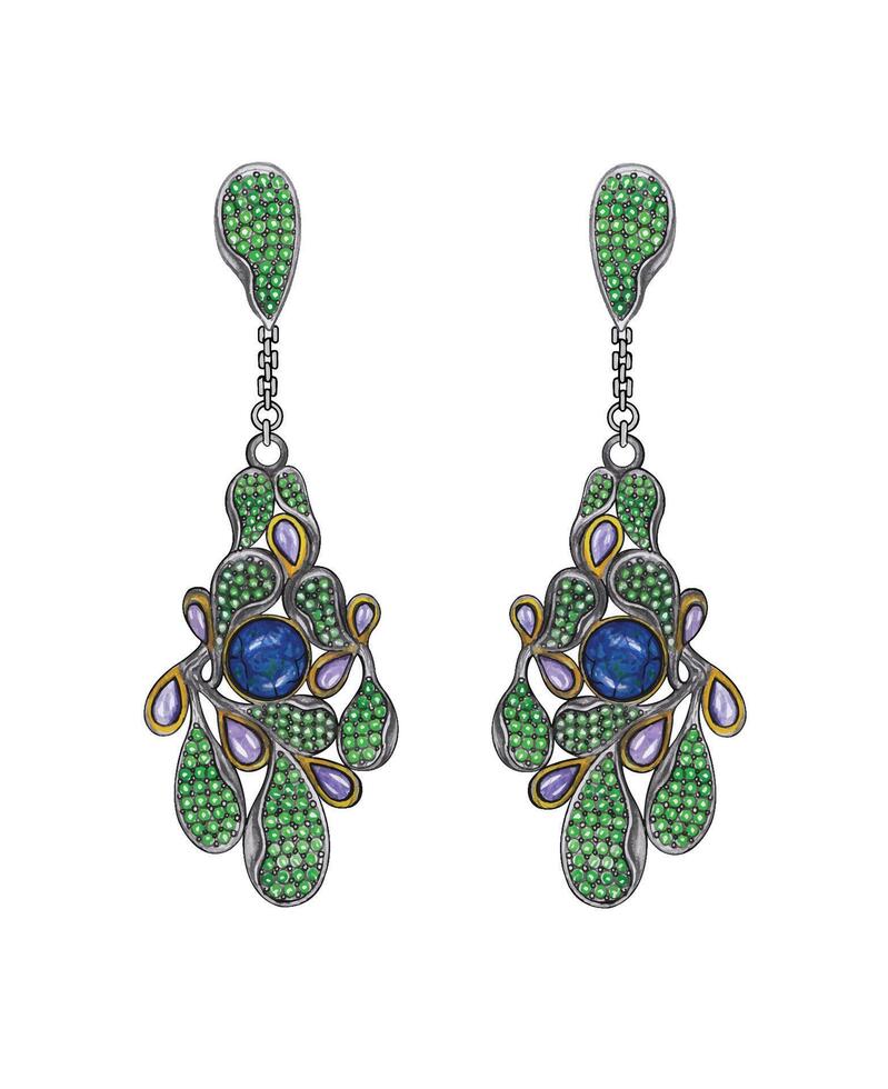 Earrings jewelry nature leaf set with gems design by hand drawing on paper and make graphic . vector