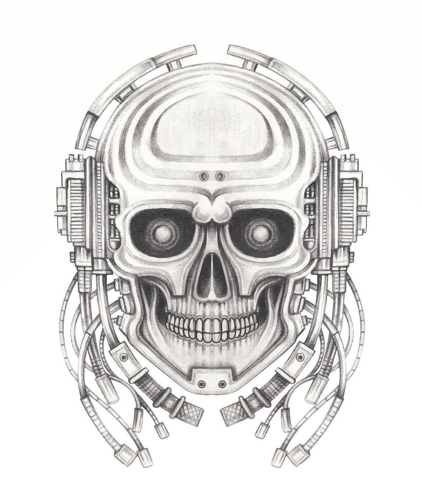 Cyberpunk skull tattoo design by hand drawing on paper. vector