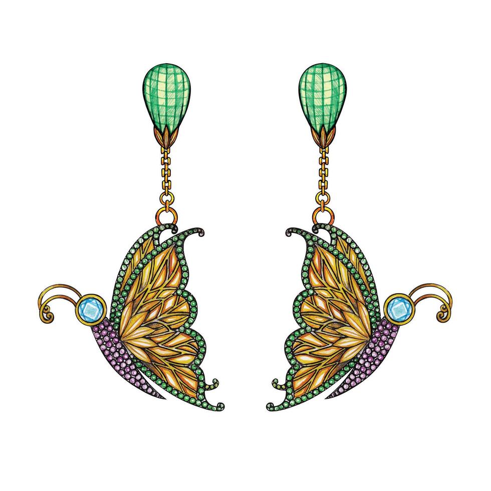 Earrings jewelry butterfly set with gems design by hand drawing on paper and make graphic . vector