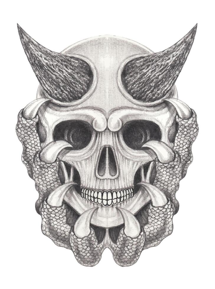 Demon skull tattoo design by hand drawing on paper. vector