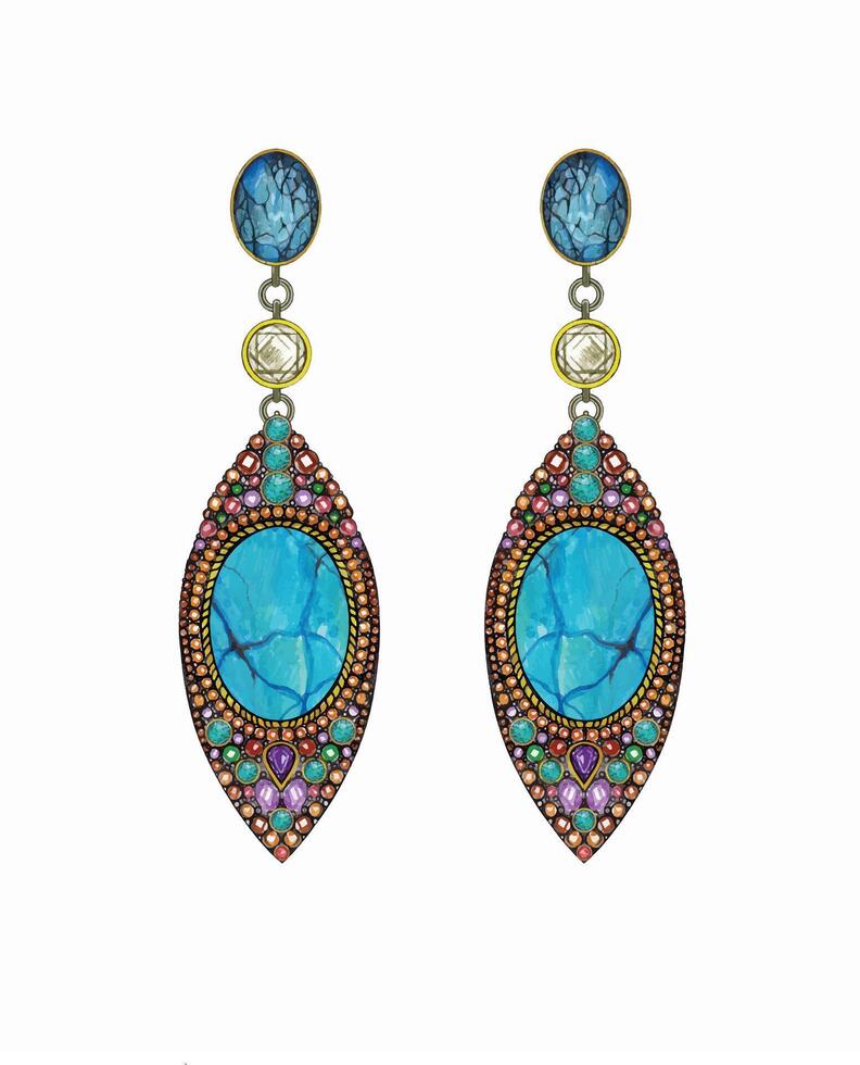Earrings jewelry set with gems and turquoise design by hand drawing on paper and make graphic . vector