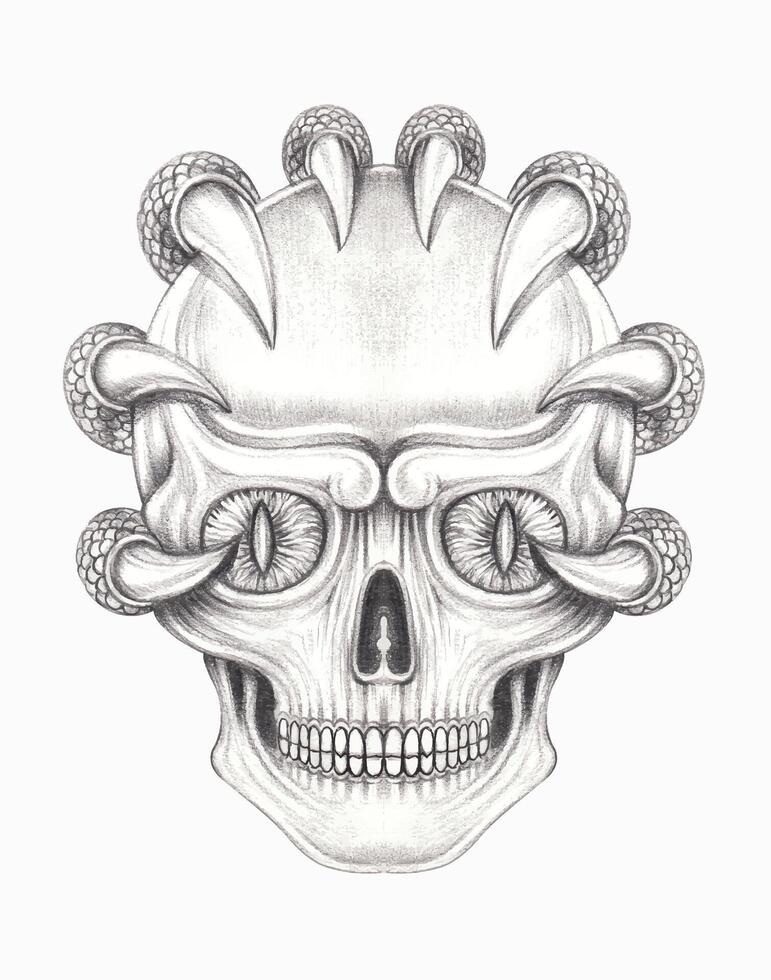 Surreal art skull tattoo design by hand drawing and make graphic . vector