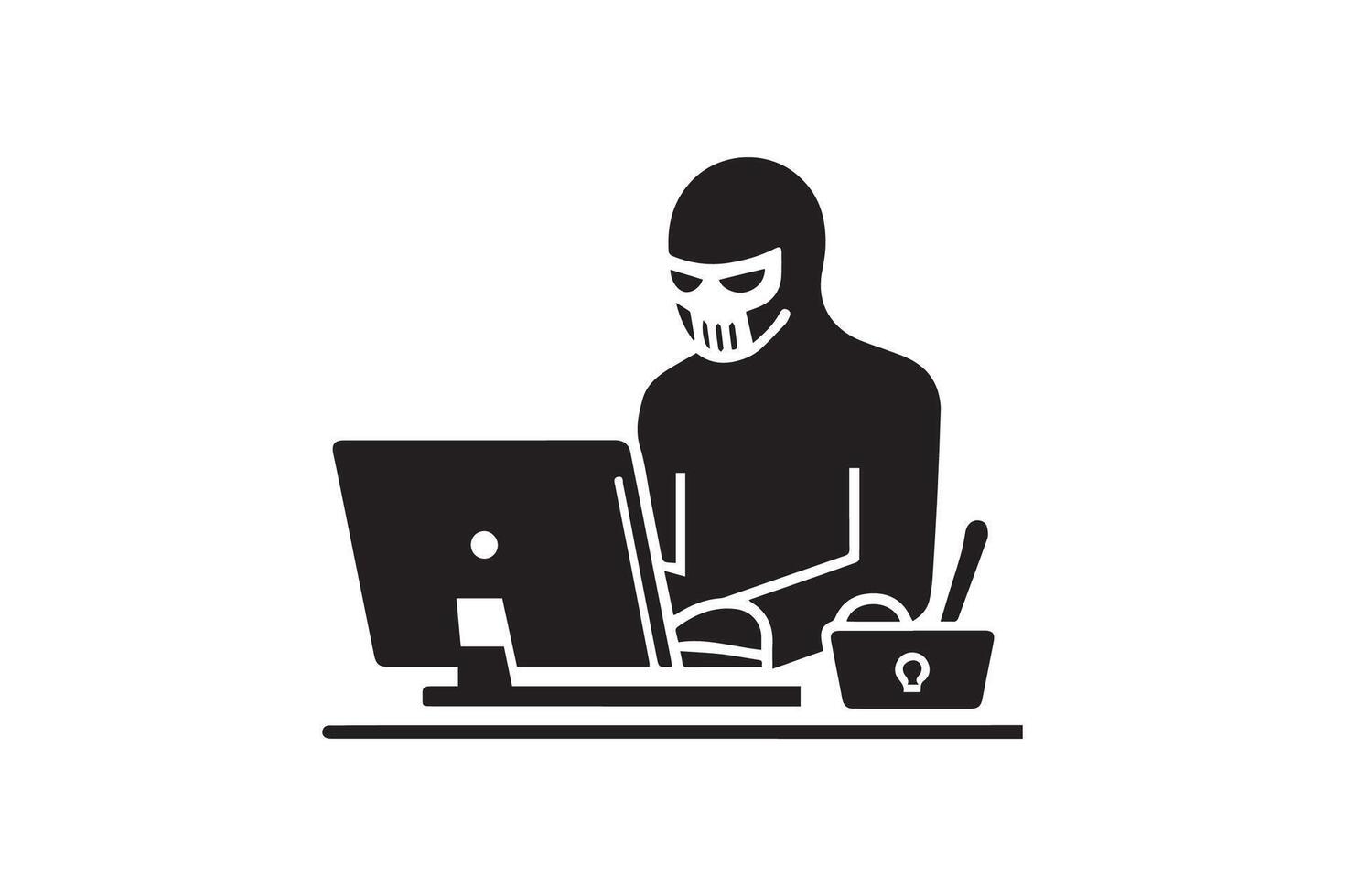 Spy agent searching on a laptop hacker silhouette vector