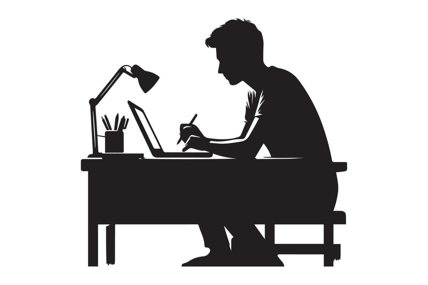 a man working on laptop at desk silhouette vector