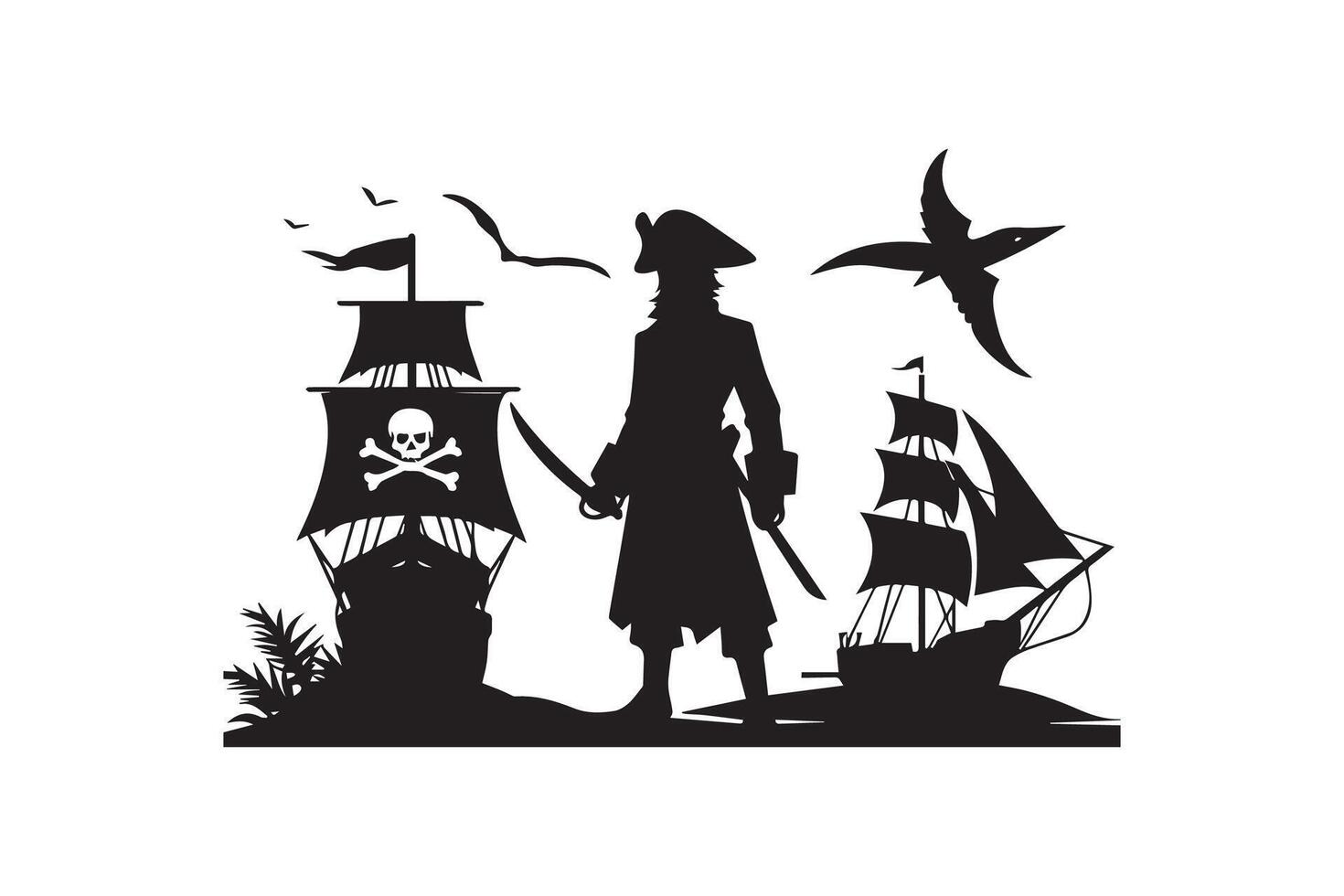 Pirate silhouette with sword, hat, and coat. Pirate Head Hat Beard Warrior Graphic Silhouette vector