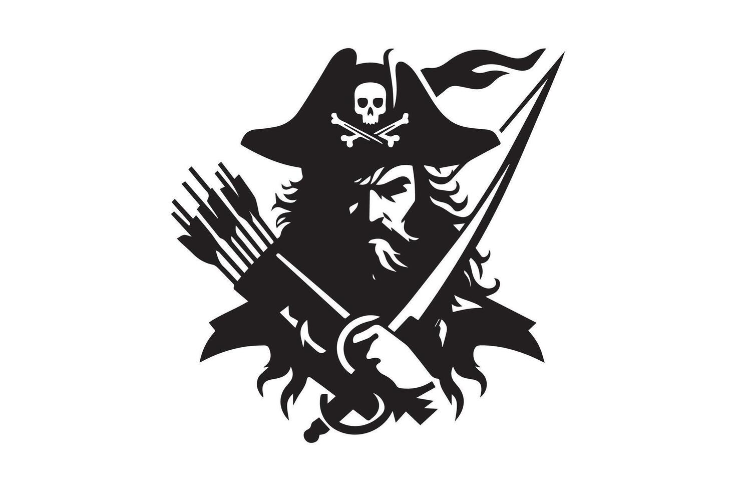 Pirate silhouette with sword, hat, and coat. Pirate Head Hat Beard Warrior Graphic Silhouette vector