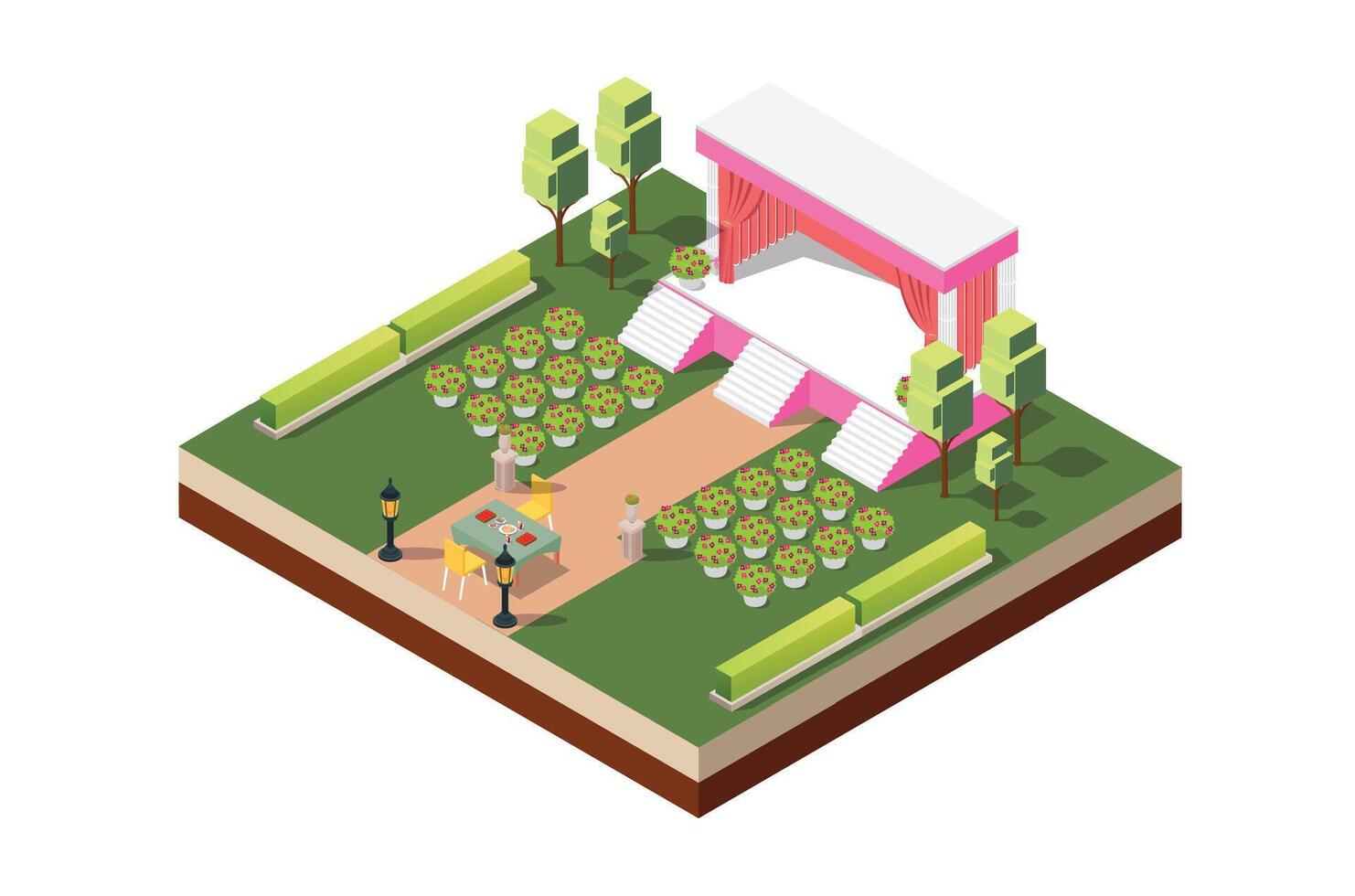 Modern isometric illustration of a sacred marriage vow altar with a flower garden, table and beautiful ornaments background isolated White vector