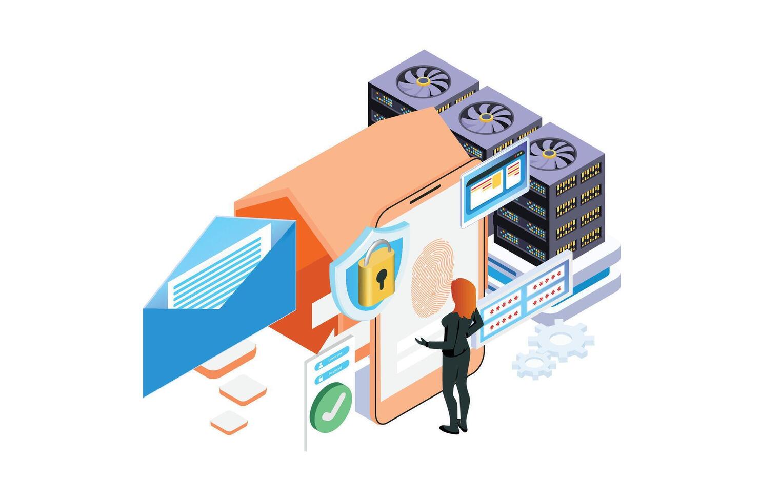 Modern Isometric email database protection security system. Hardware protection infographic. Store safe server. Suitable for Diagrams, Game Asset, And Other asset vector