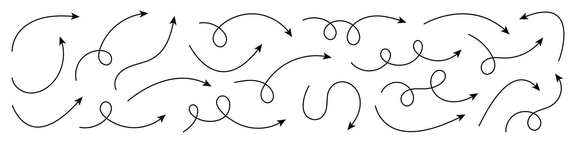 Collection of curved arrows. Set simple curved hand drawn arrows. Collection of pointers. vector