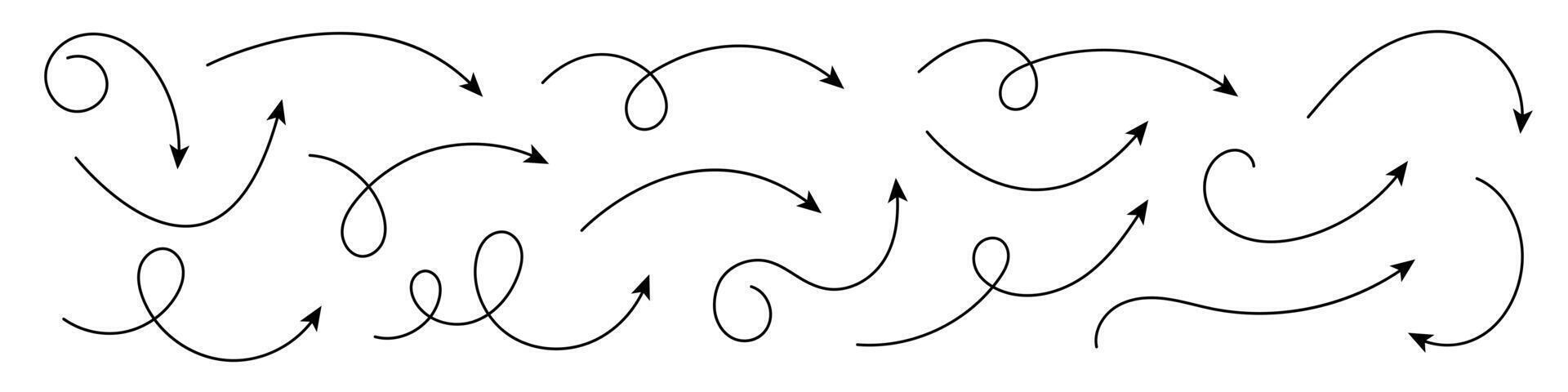 Collection of curved arrows. Set simple curved hand drawn arrows. Collection of pointers. vector