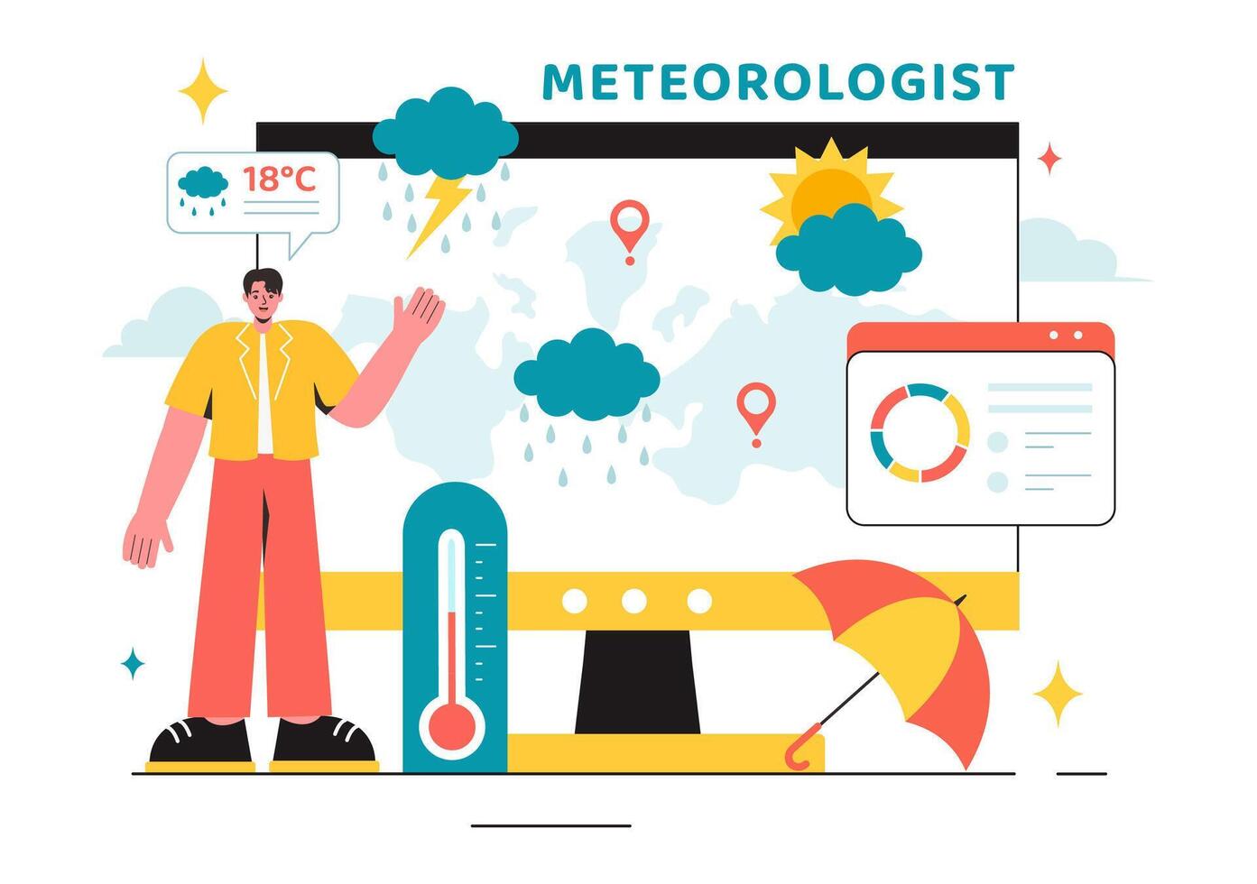 Meteorologist Vector Illustration with Weather Forecast and Atmospheric Precipitation Map in a Flat Style Cartoon Background Design