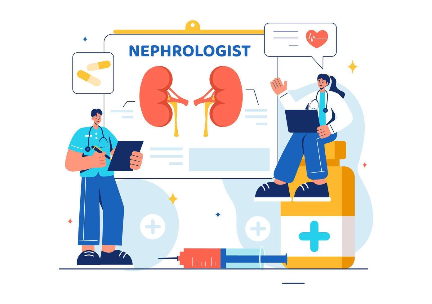 Nephrologist Vector Illustration featuring a Cardiologist, Proctologist, and Kidney Treatment on a Flat Style Cartoon Healthcare Background