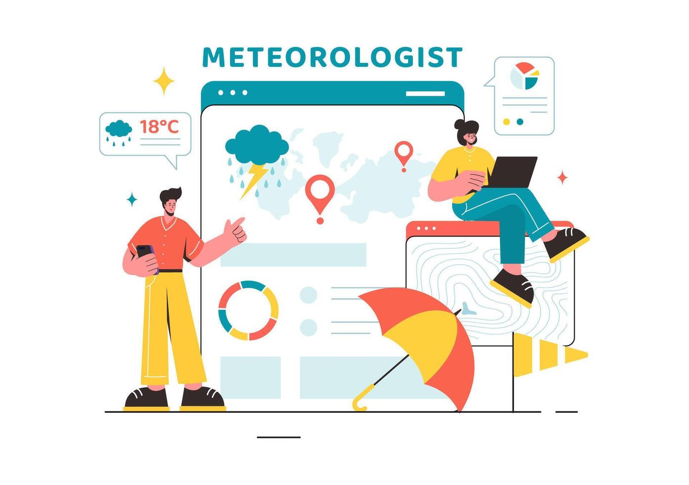 Meteorologist Vector Illustration with Weather Forecast and Atmospheric Precipitation Map in a Flat Style Cartoon Background Design