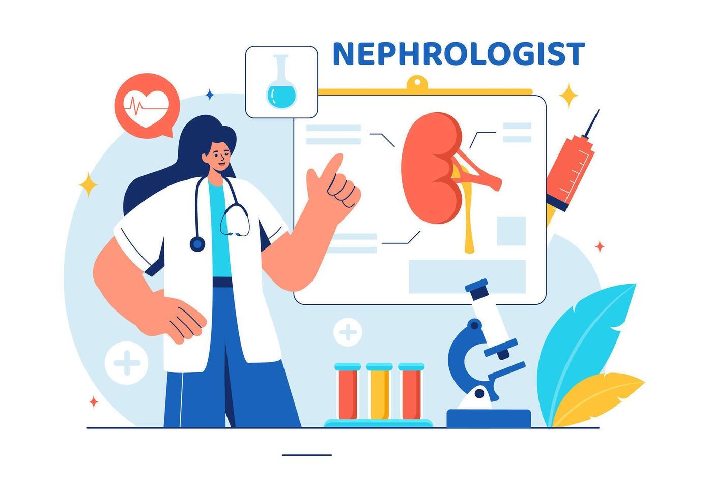 Nephrologist Vector Illustration featuring a Cardiologist, Proctologist, and Kidney Treatment on a Flat Style Cartoon Healthcare Background