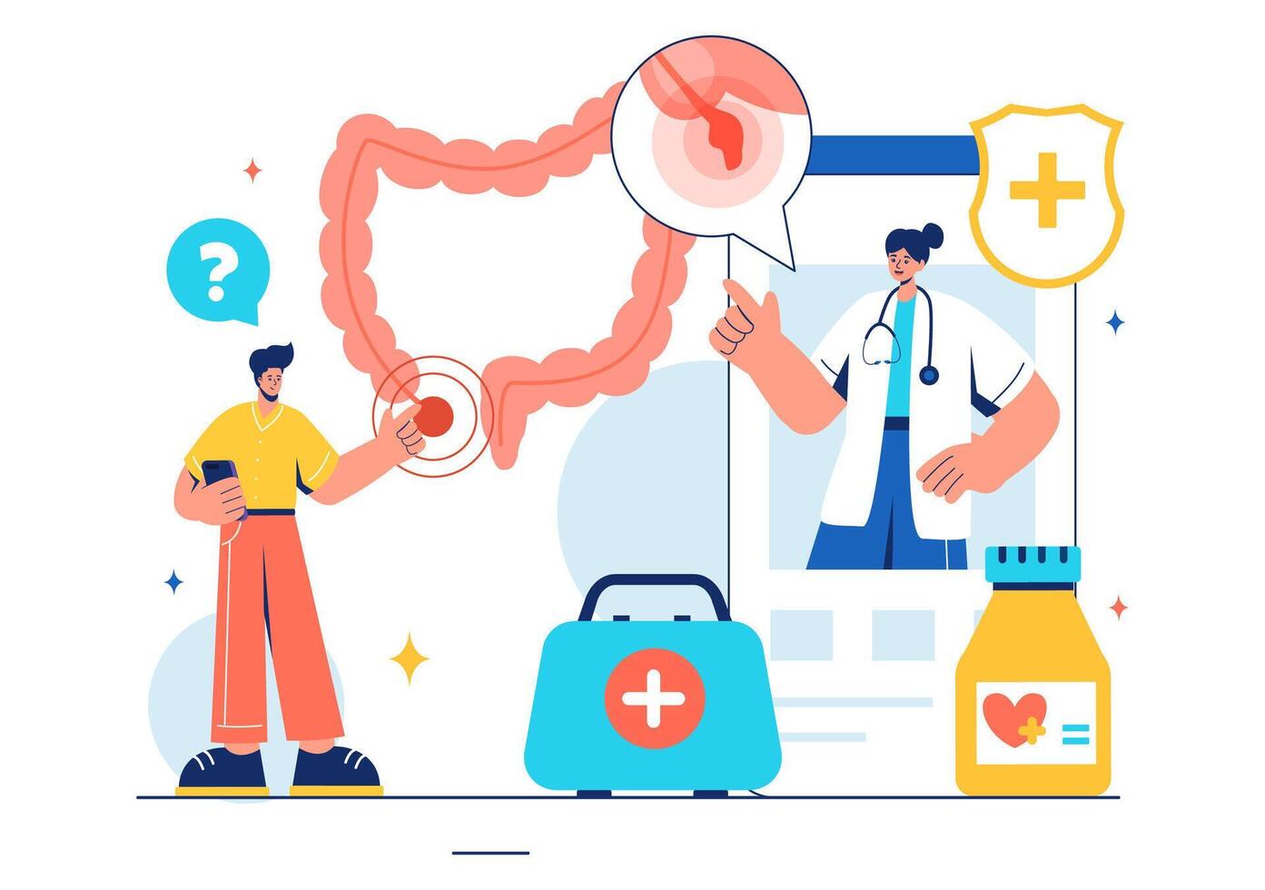 Vector Illustration of a Proctologist or Colonoscopy with a Doctor Examining the Colon and Showing Harmful Bacteria in a Flat Style Cartoon Background