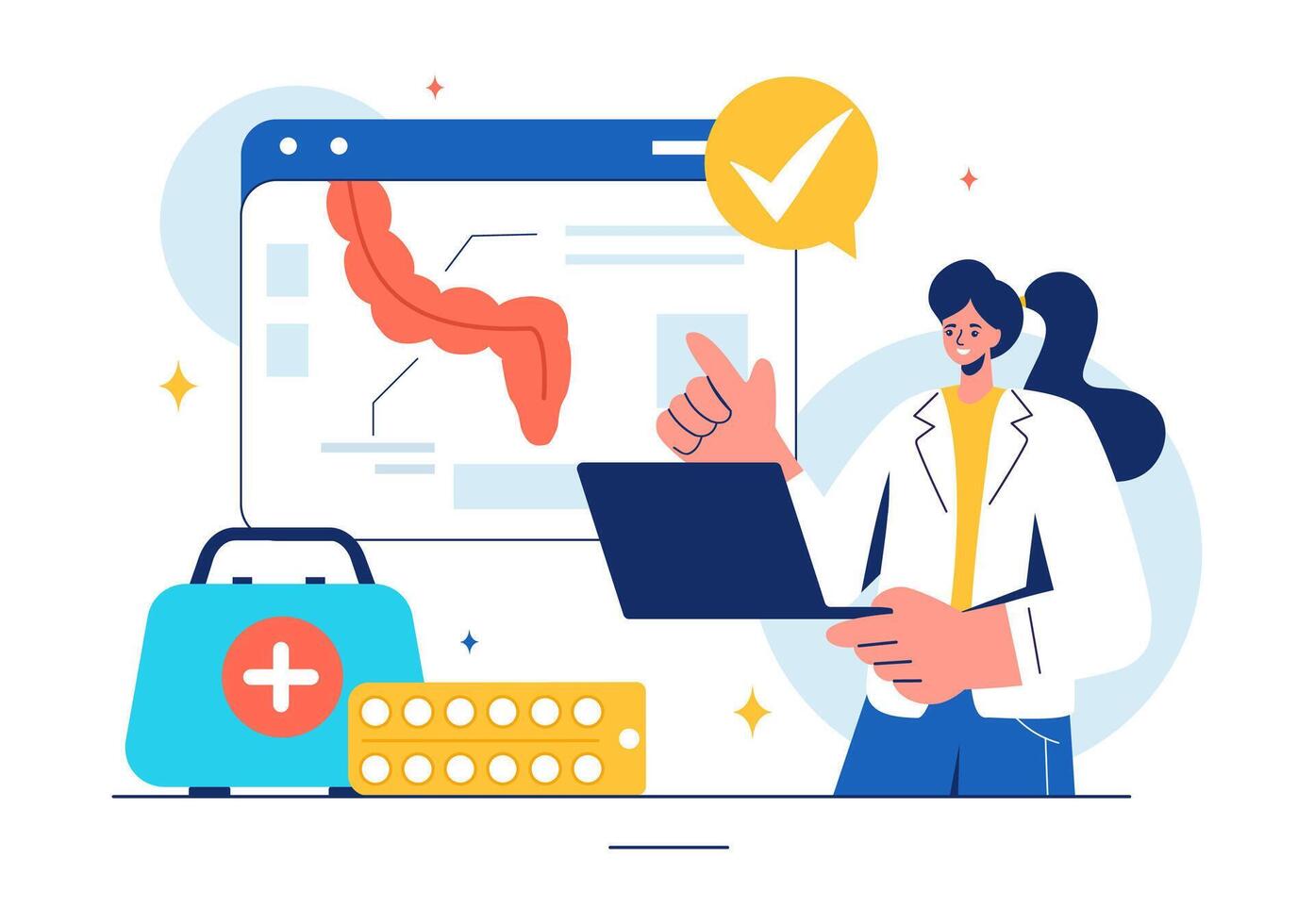 Vector Illustration of a Proctologist or Colonoscopy with a Doctor Examining the Colon and Showing Harmful Bacteria in a Flat Style Cartoon Background