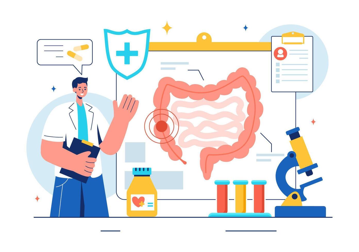 Vector Illustration of a Proctologist or Colonoscopy with a Doctor Examining the Colon and Showing Harmful Bacteria in a Flat Style Cartoon Background